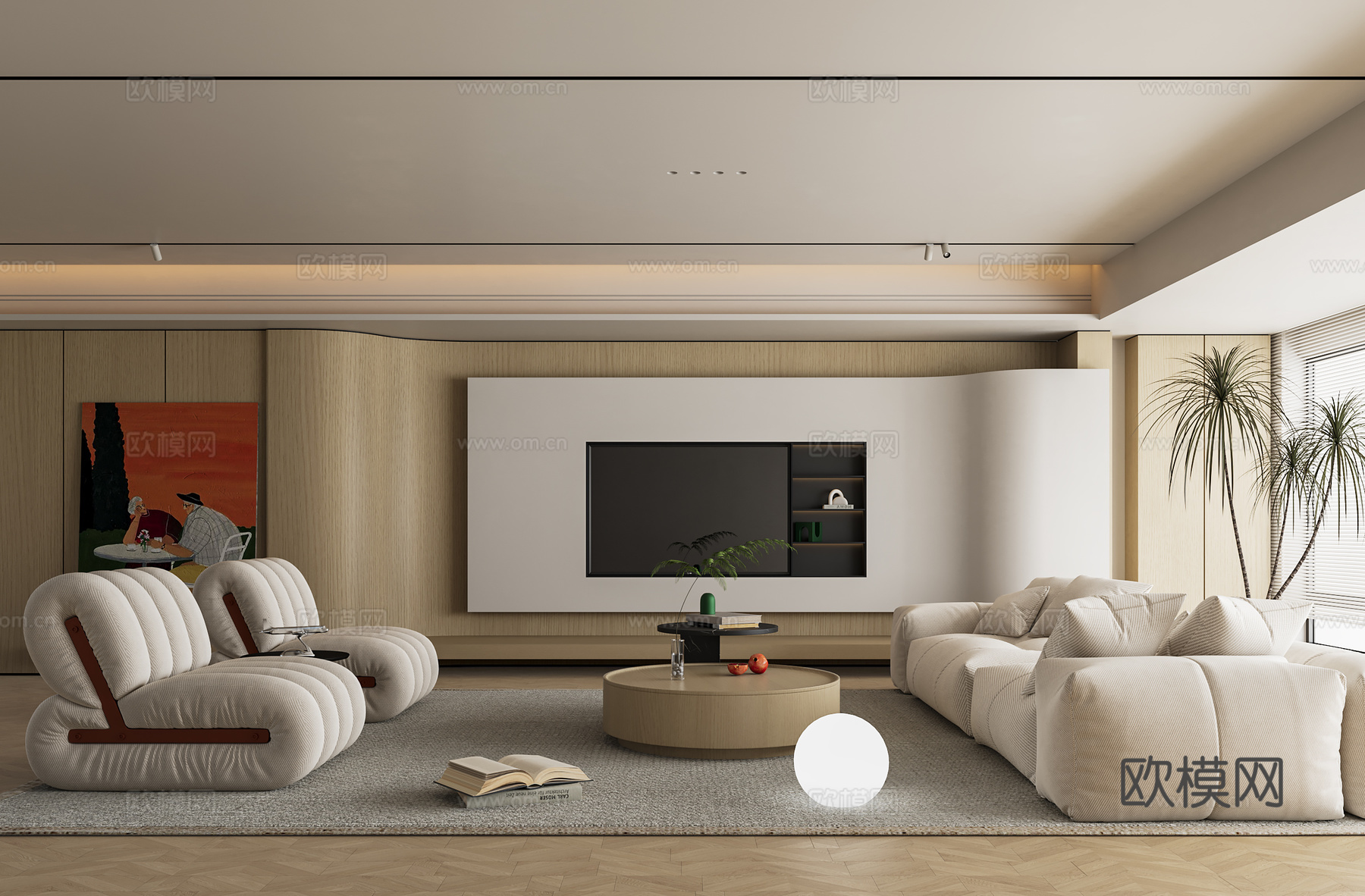 现代奶油风客厅3d模型