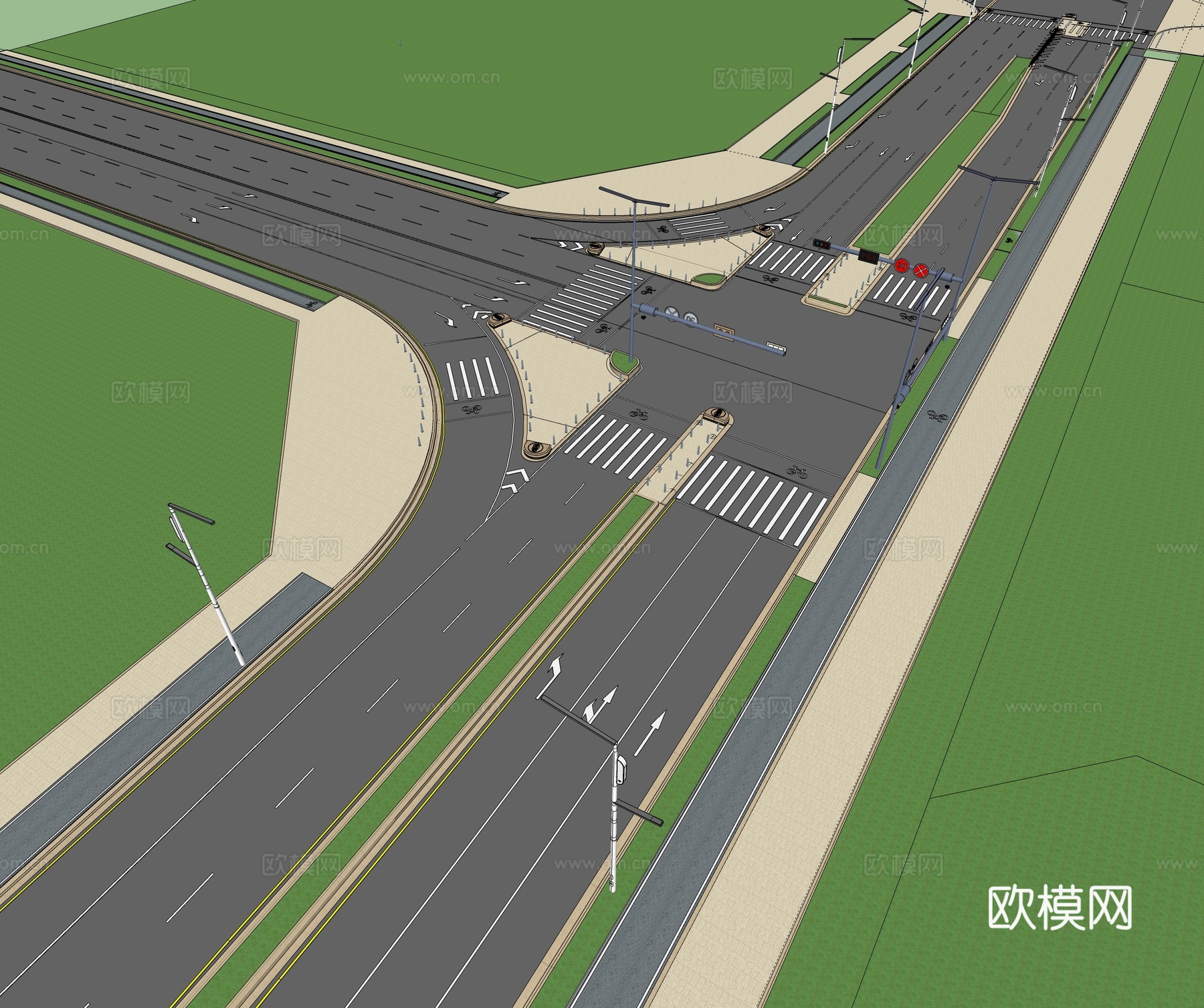 现代市政道路 T字路口 鸟瞰 路 标线 工程su模型