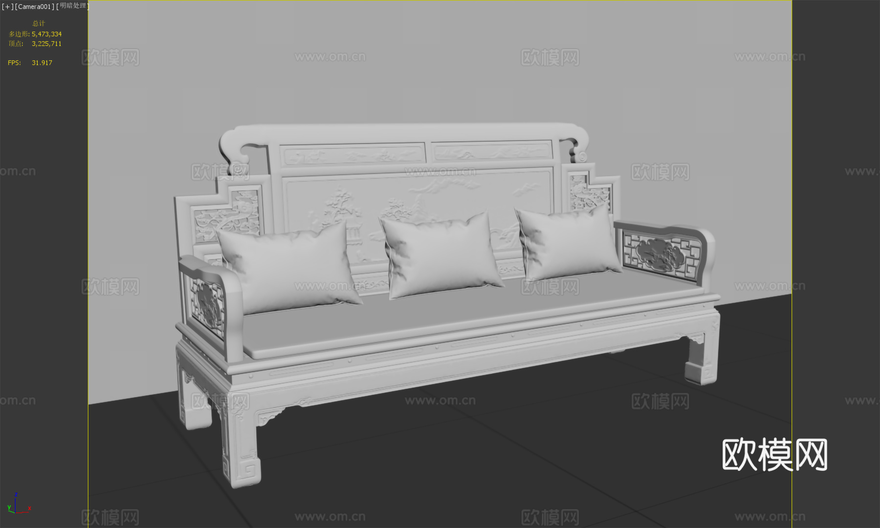 中式三人直腿沙发 雕花 实木红木3d模型
