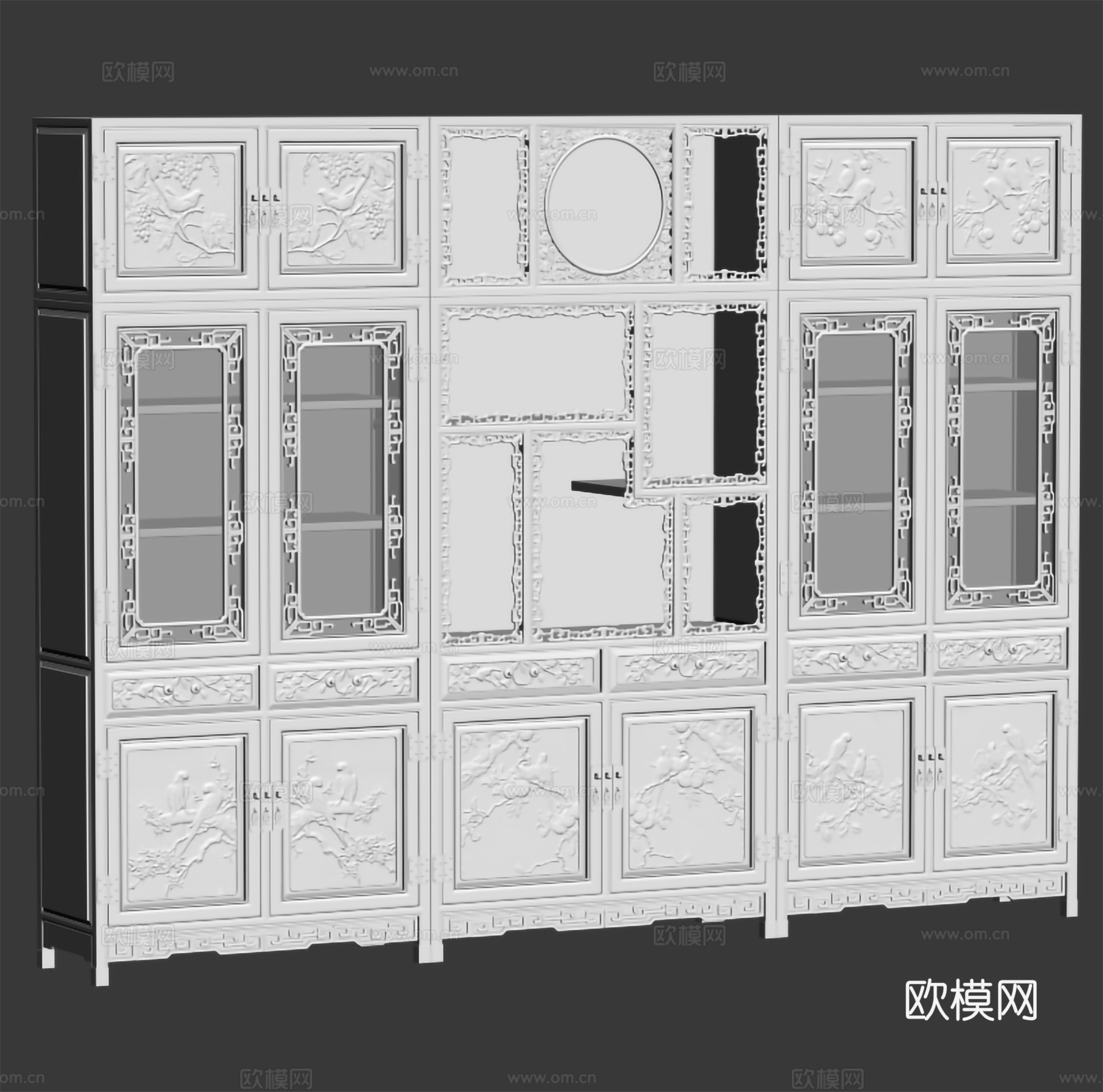 中式书柜 雕花门板 镂空玻璃门 实木红木3d模型