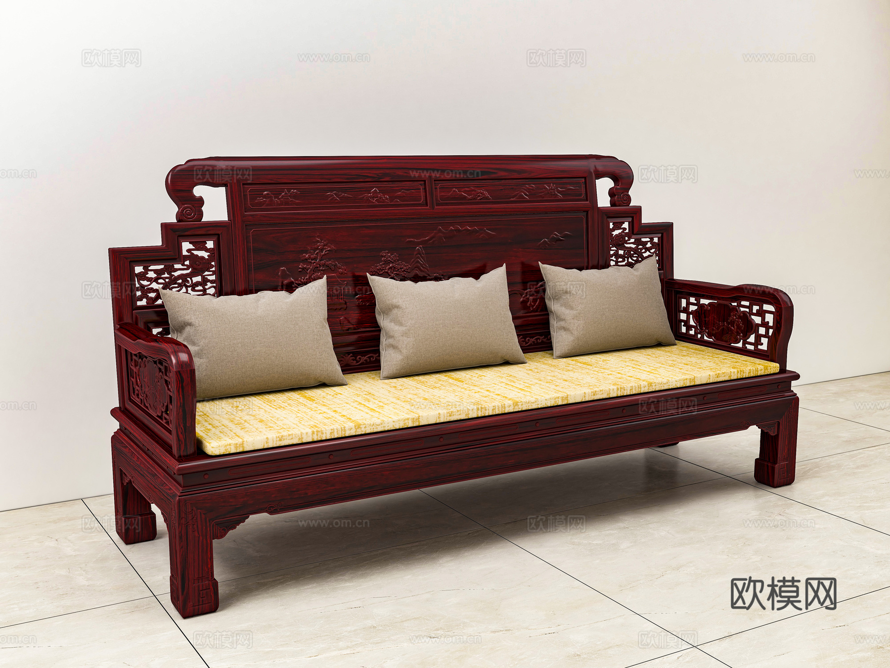 中式三人直腿沙发 雕花 实木红木3d模型