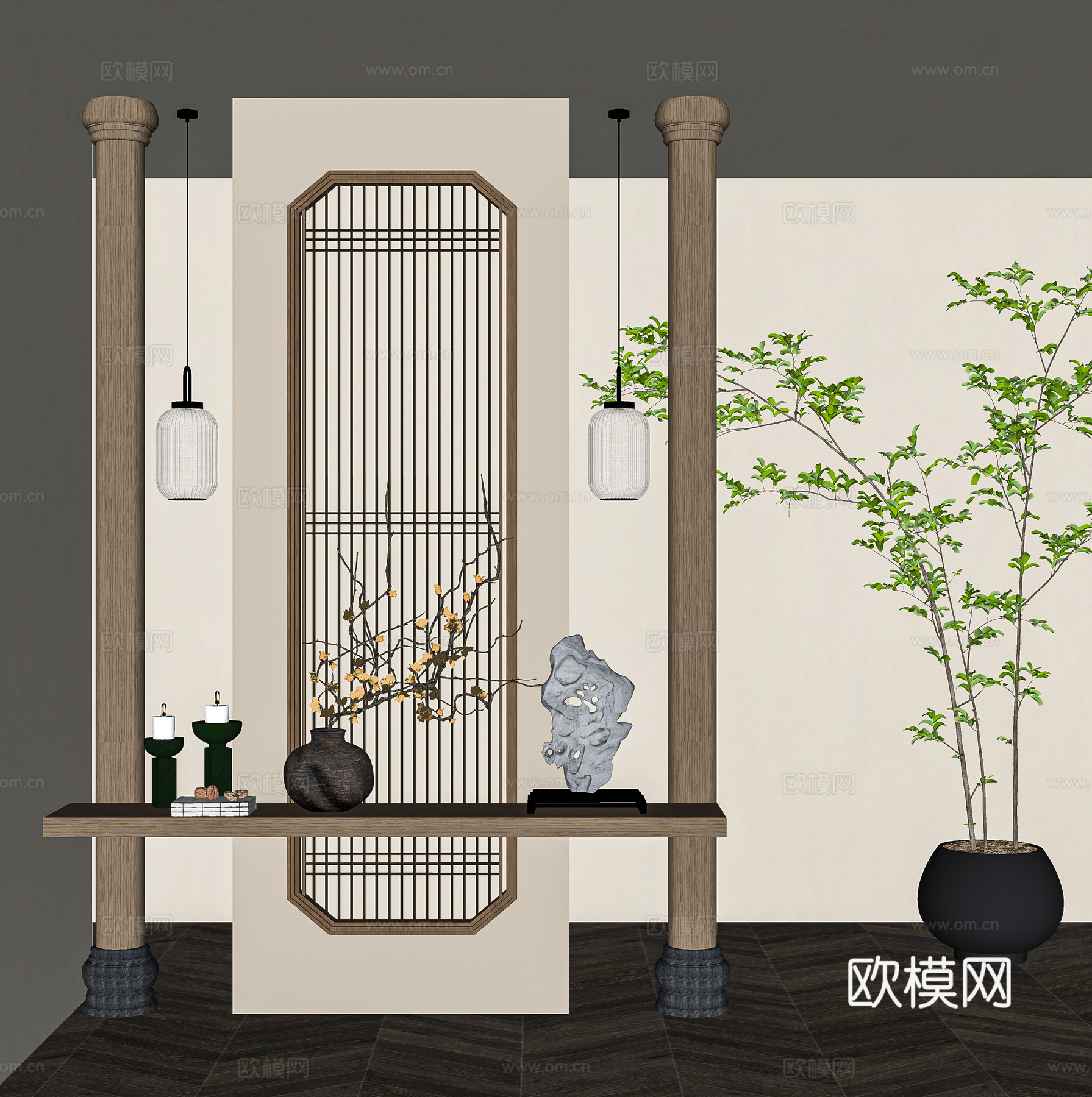 新中式花格隔断灯笼吊灯干枝盆景太湖石su模型