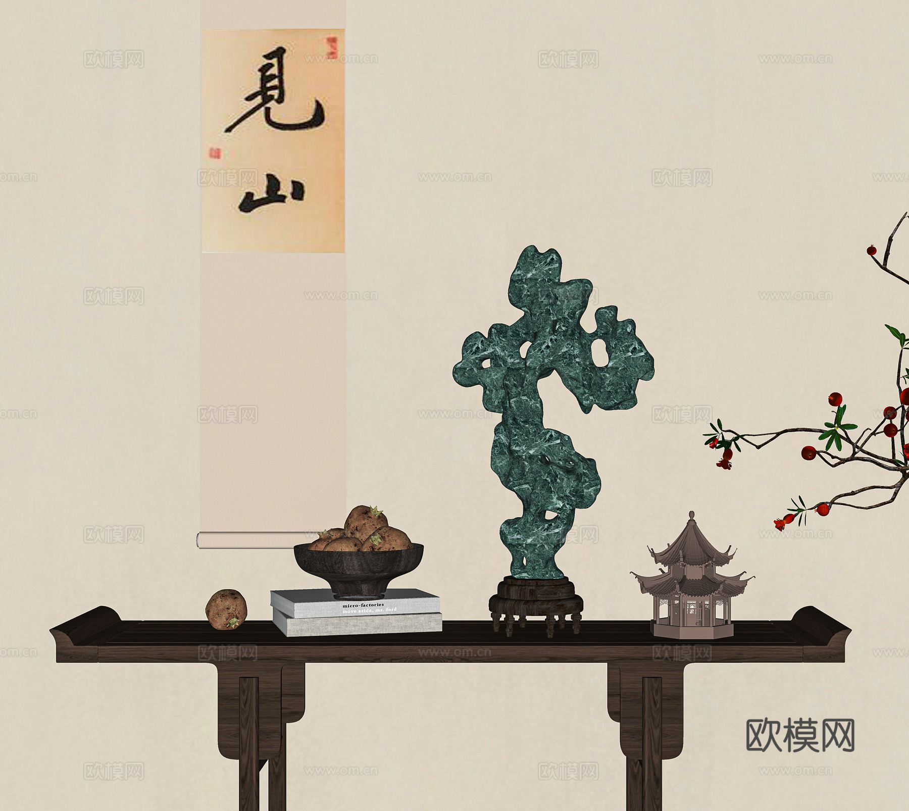 诧寂中古玄关柜太湖石干枝盆景su模型