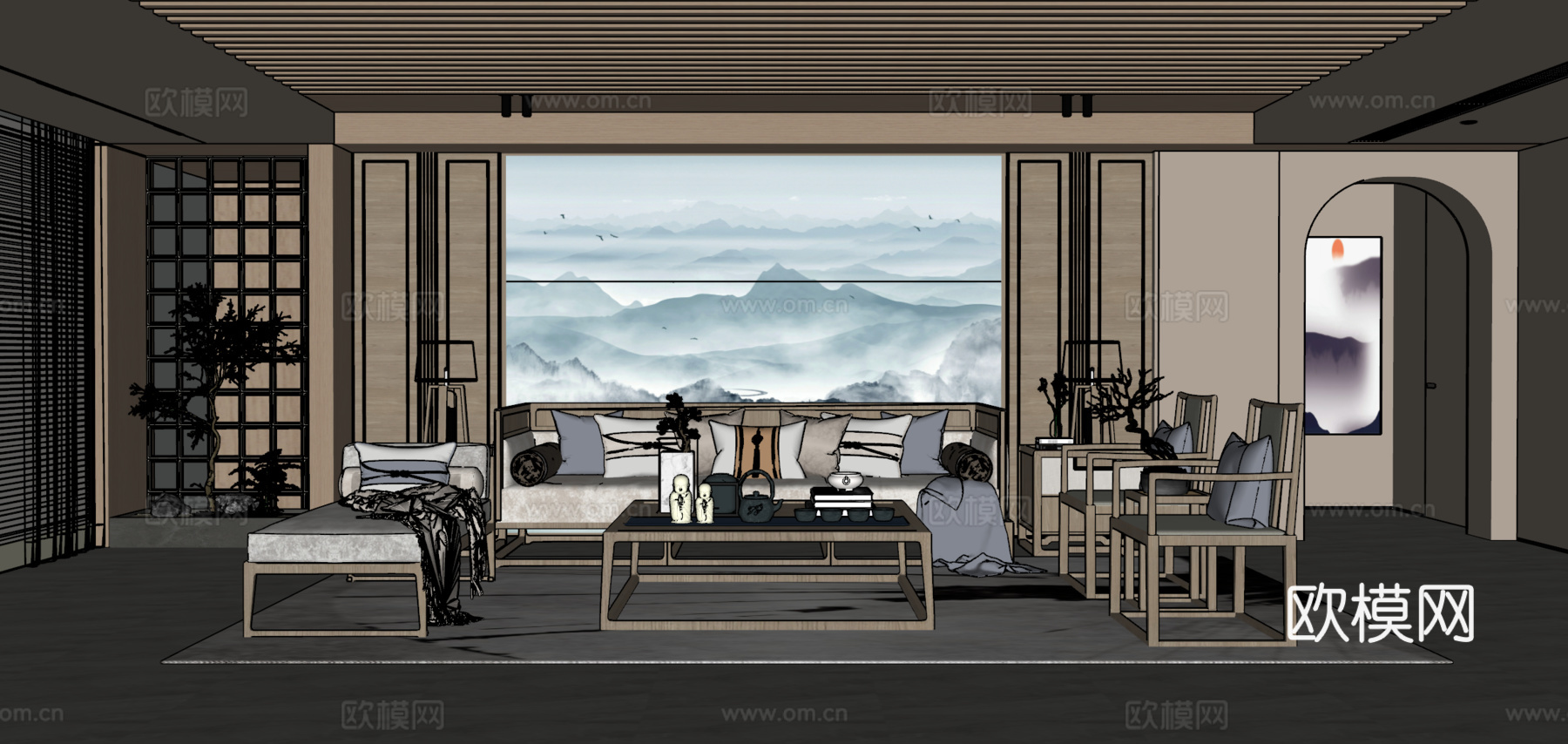 新中式客厅 沙发茶几组合 绿植 饰品摆件 台灯 背景墙su模型