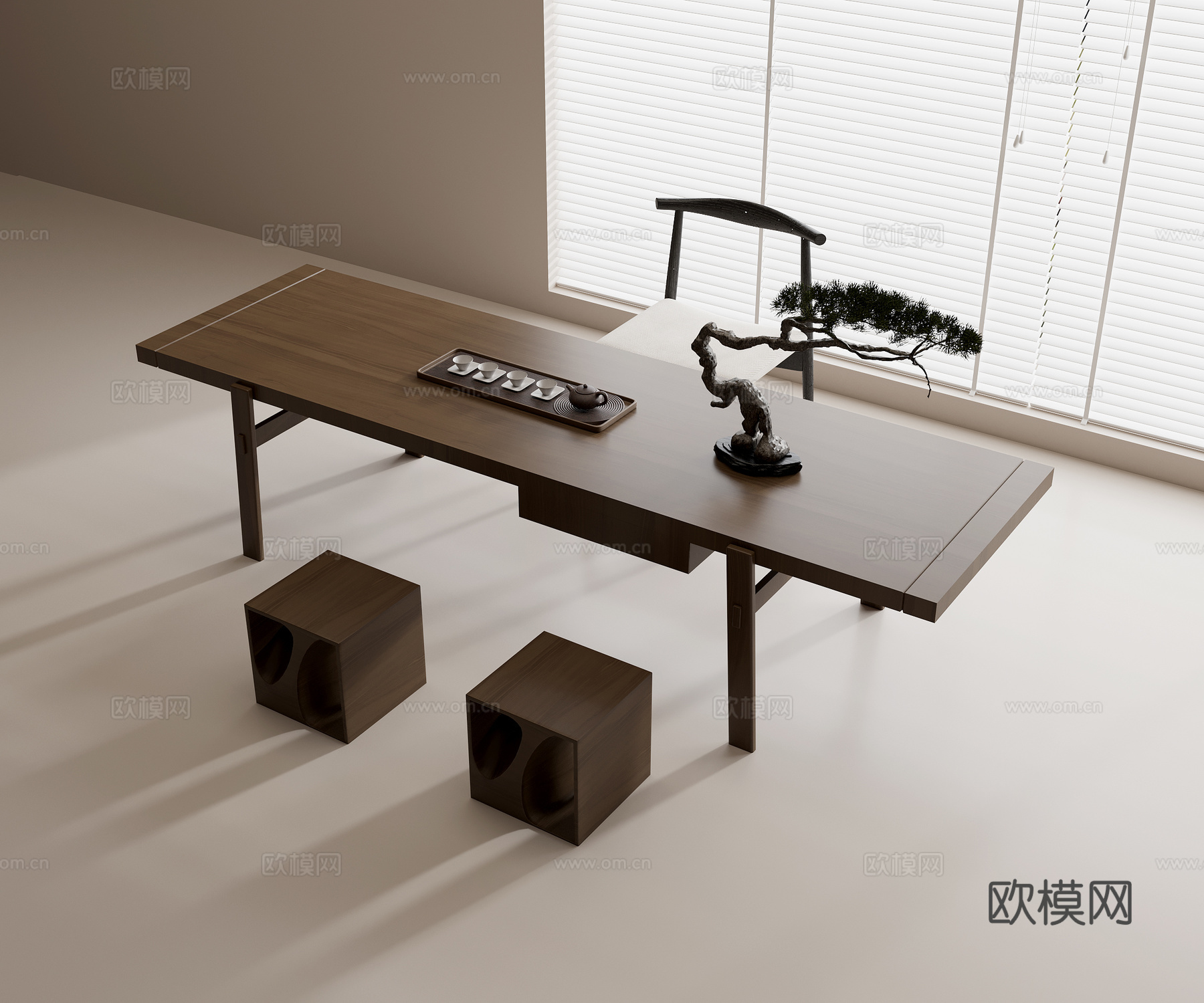 现代茶桌椅组合 实木茶桌 实木单椅 实木方凳 茶具组合 茶壶3d模型