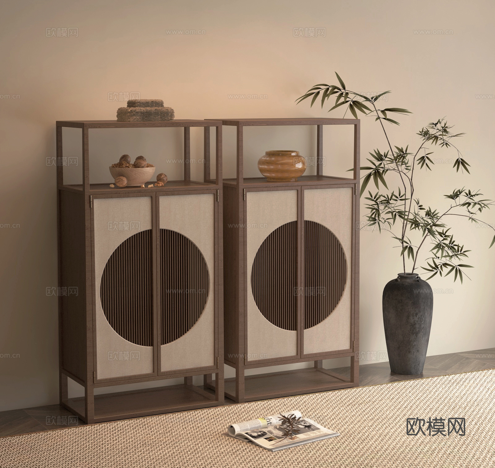 新中式玄关边柜竹子盆景su模型