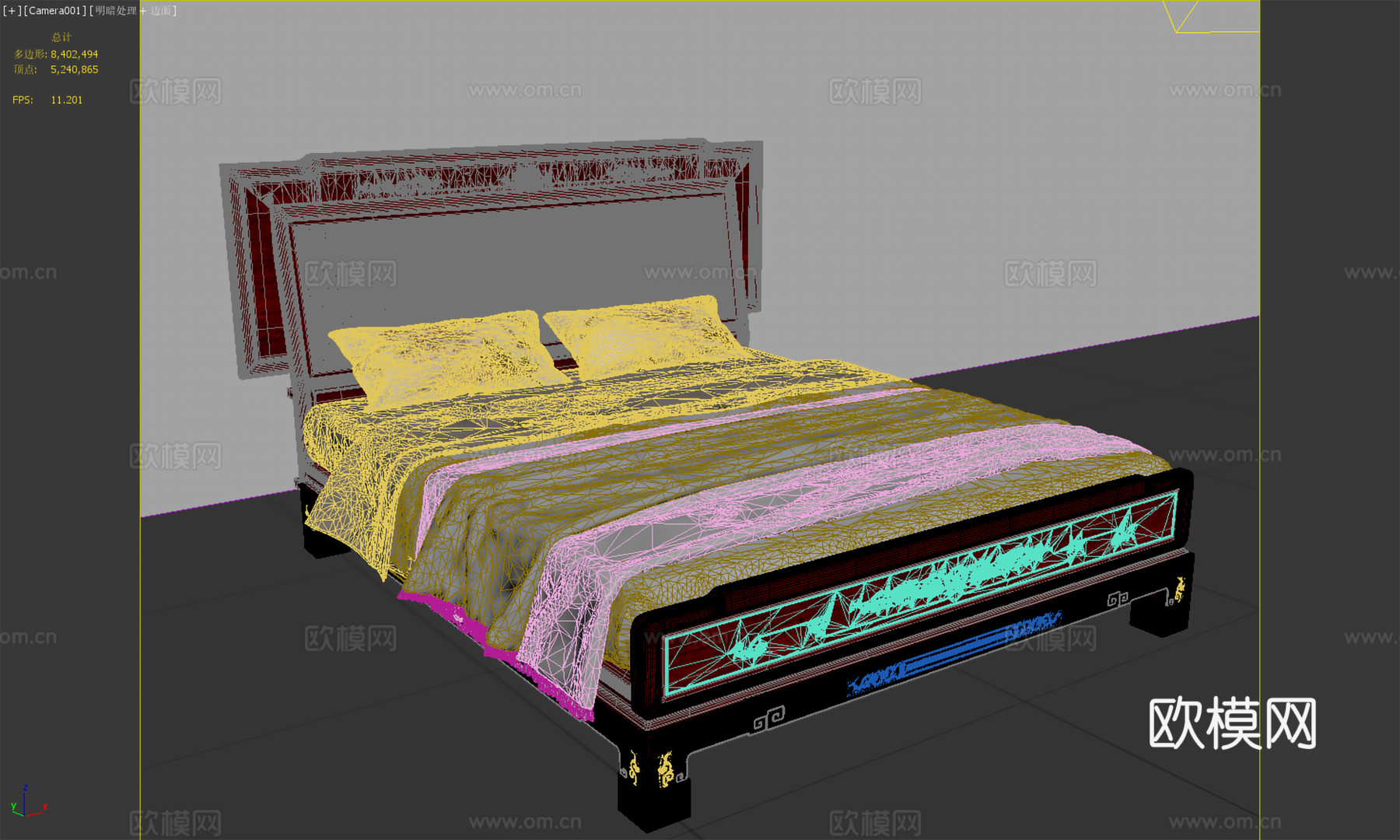 中式双人床 低体床 雕花床头床体 实木红木3d模型