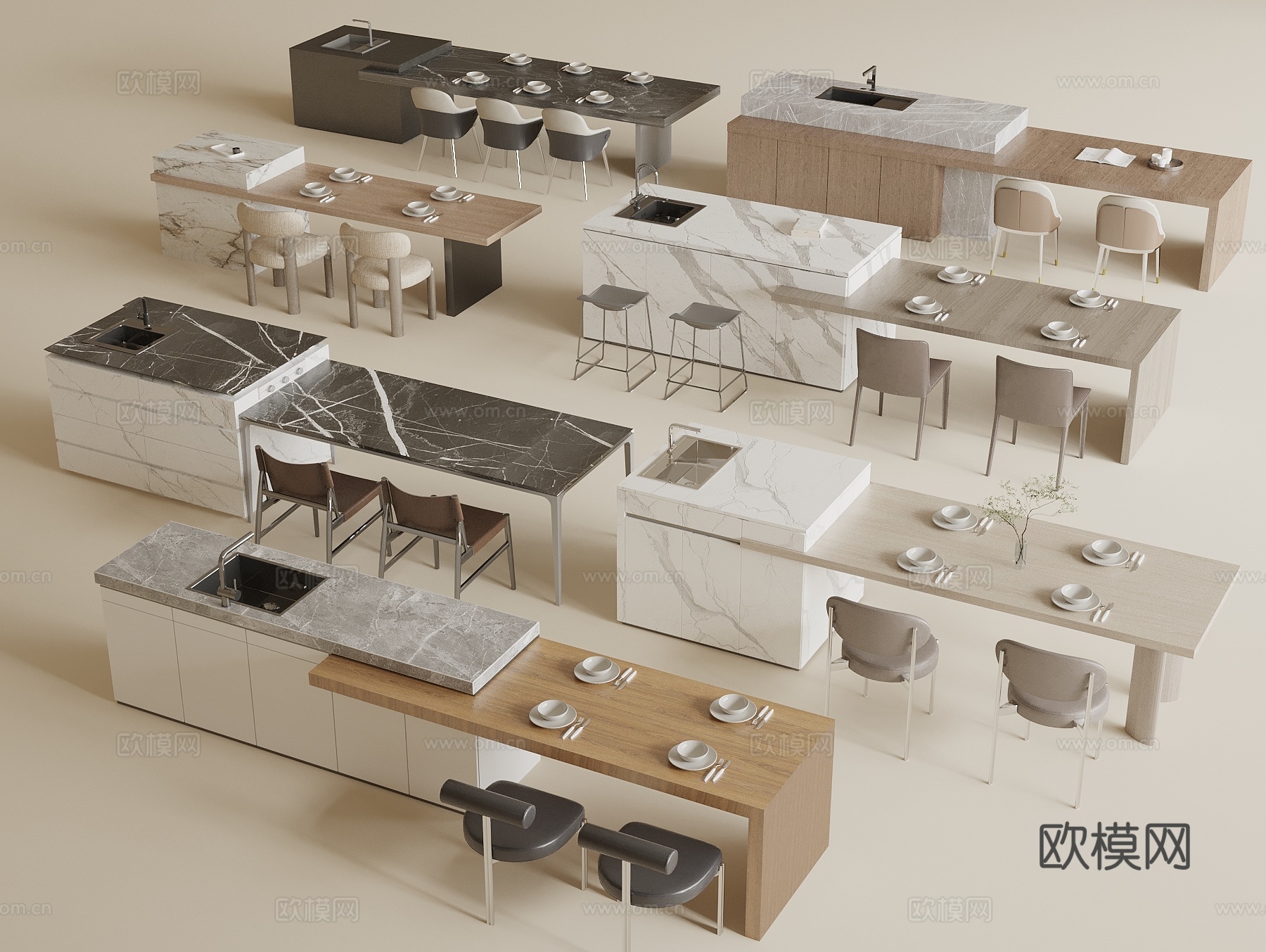 现代中岛台餐桌椅组合3d模型
