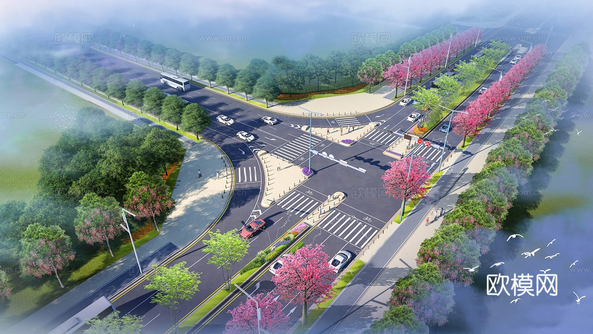 现代市政道路 T字路口 鸟瞰 路 标线 工程su模型