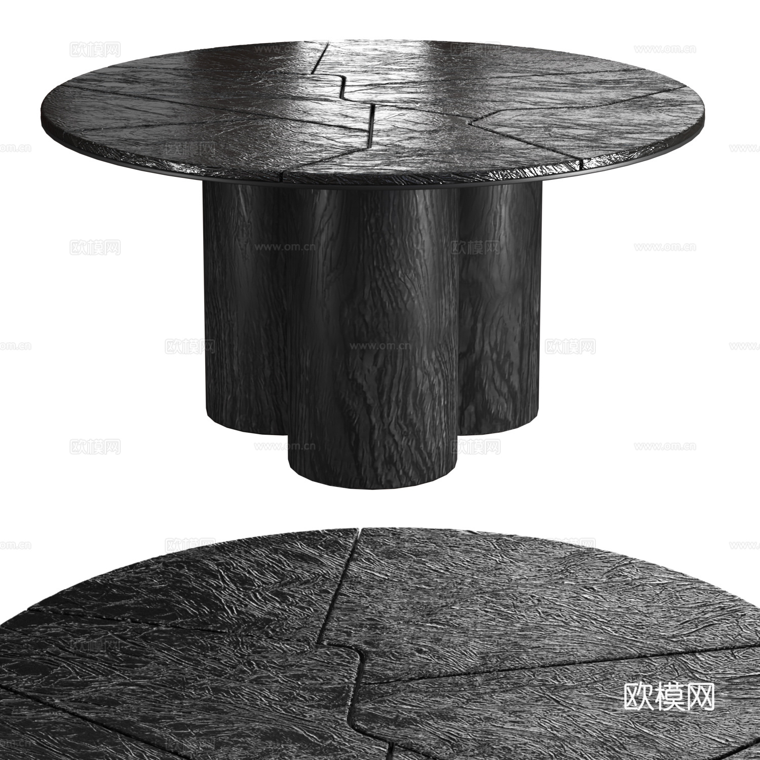 现代意式侘寂黑色火烧木圆餐桌3d模型