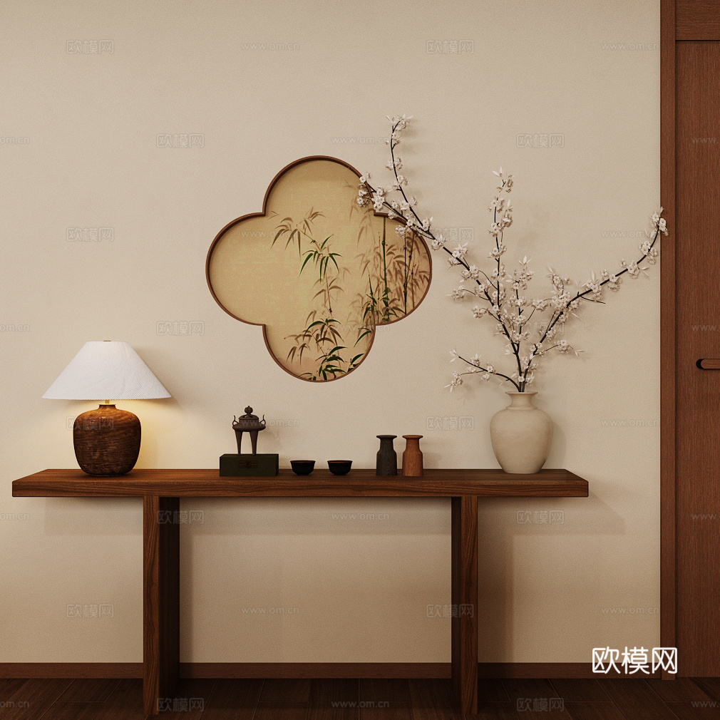 新中式条案 新中式玄关 玄关条案 实木条案 端景柜 中式框景3d模型
