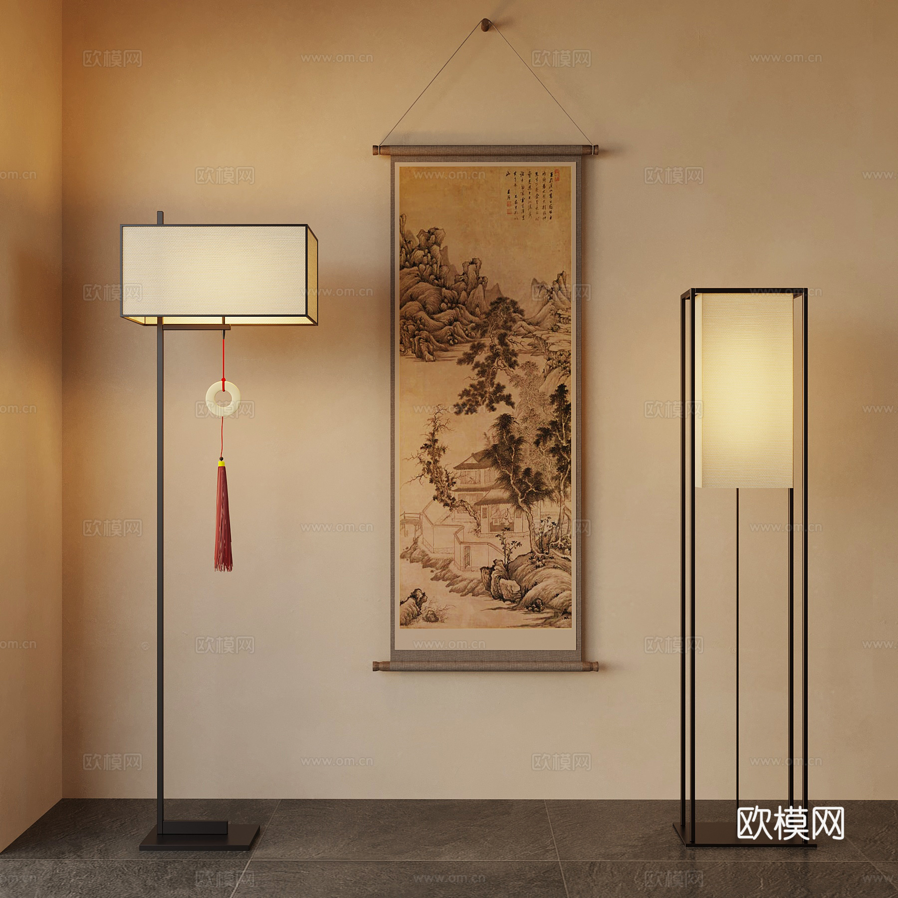 新中式 落地灯 装饰画 花瓶3d模型
