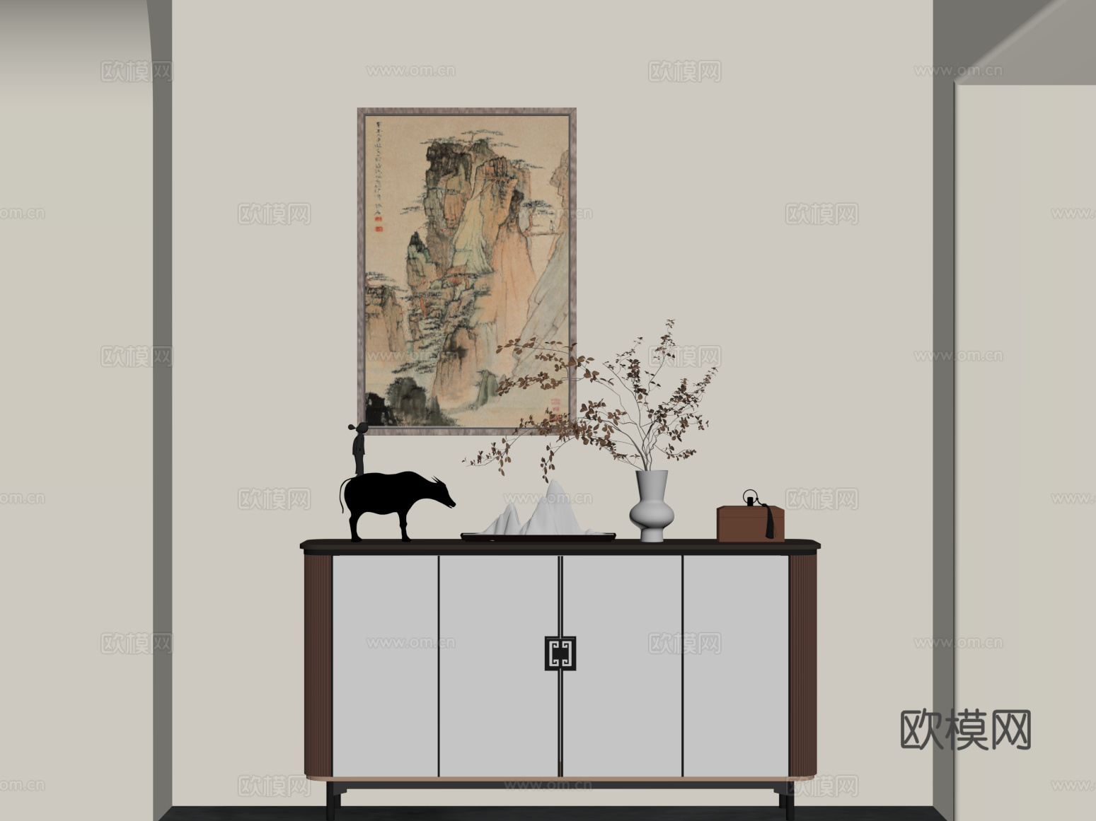 新中式玄关 端景柜 挂画su模型