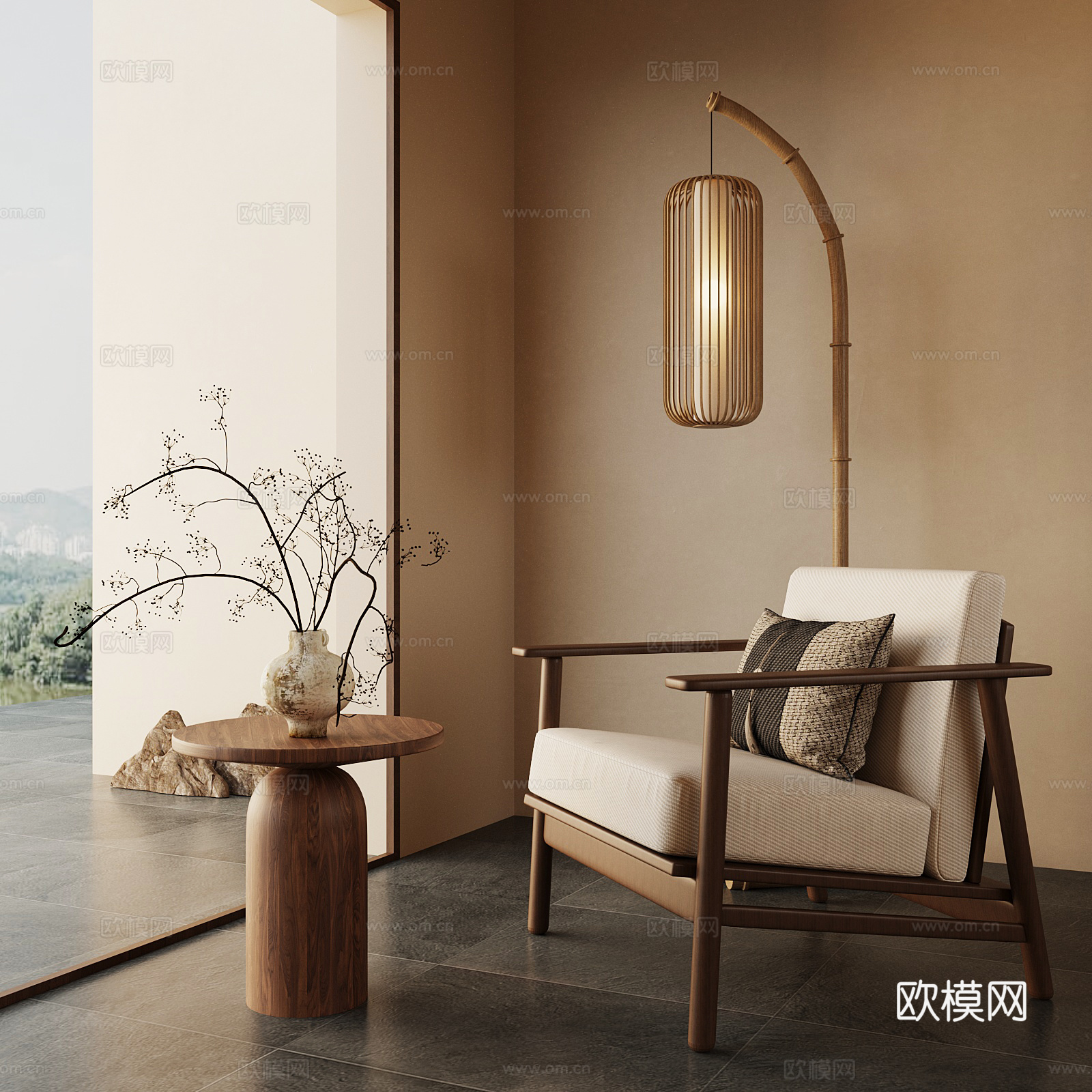 新中式休闲椅 落地灯 花瓶摆件3d模型