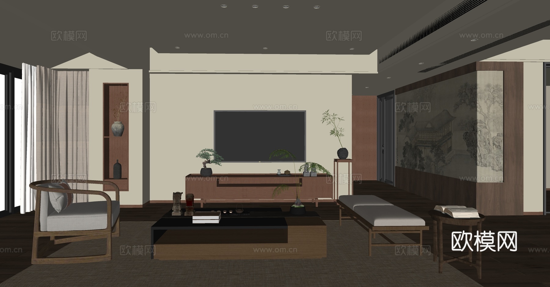 新中式禅意家居客厅 中式客厅背景墙 宋式美学客厅 中式沙发椅su模型
