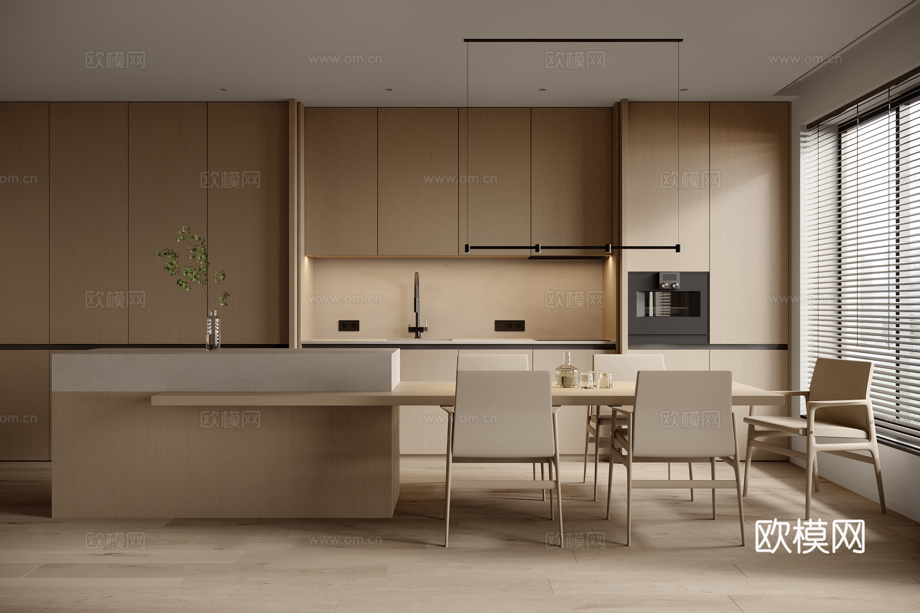 现代开放式厨房餐厅 橱柜 餐桌椅 吊灯 餐桌 餐椅 岛台 厨3d模型