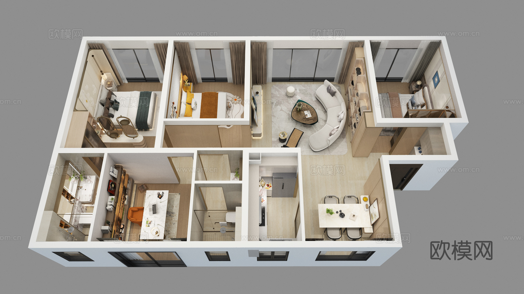 现代家装样板间鸟瞰图3d模型
