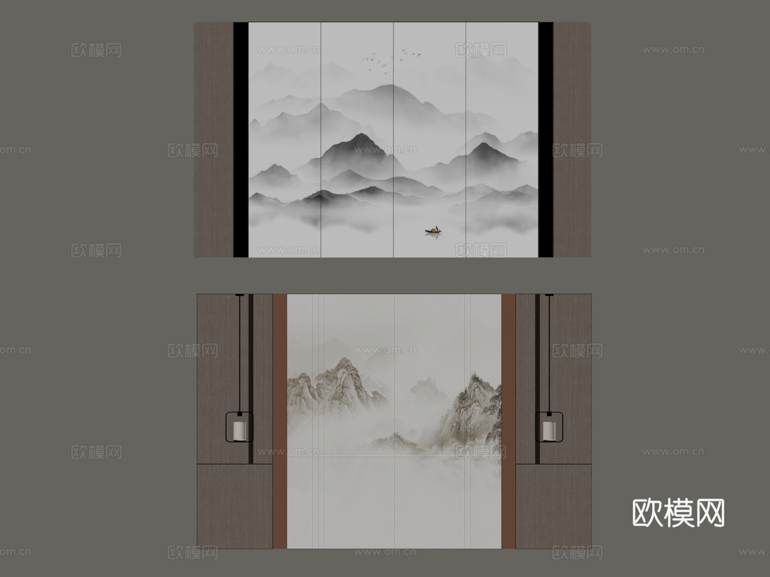 新中式背景墙 电视背景墙su模型