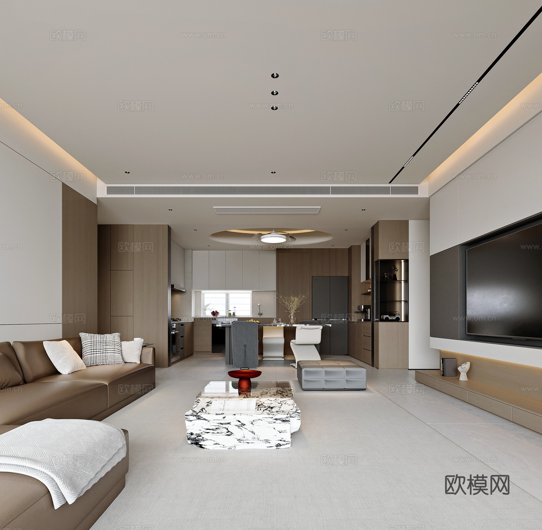现代风格家居客厅 餐厅 开放式厨房3d模型