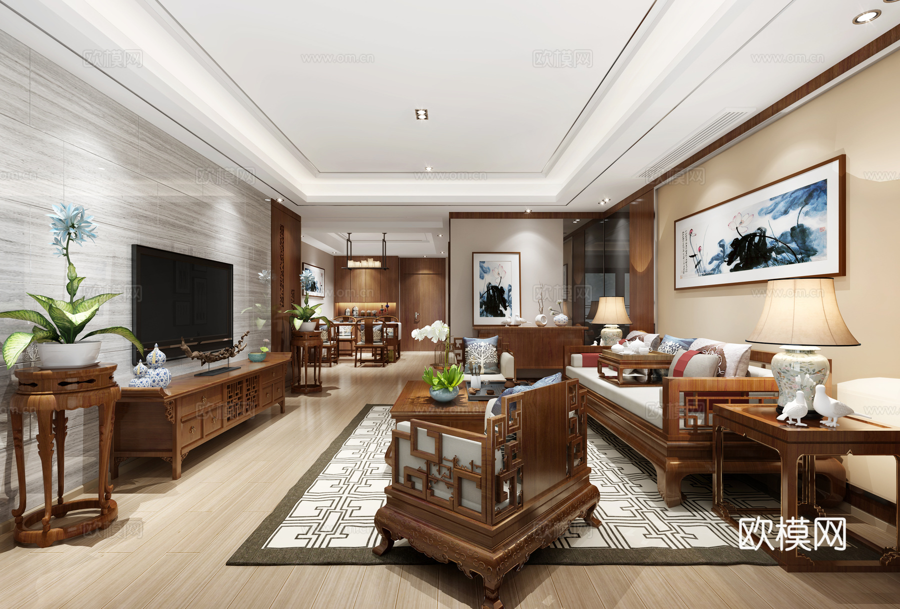 新中式客厅餐厅 沙发茶几 餐桌椅 边几 单椅 吊灯 装饰柜3d模型