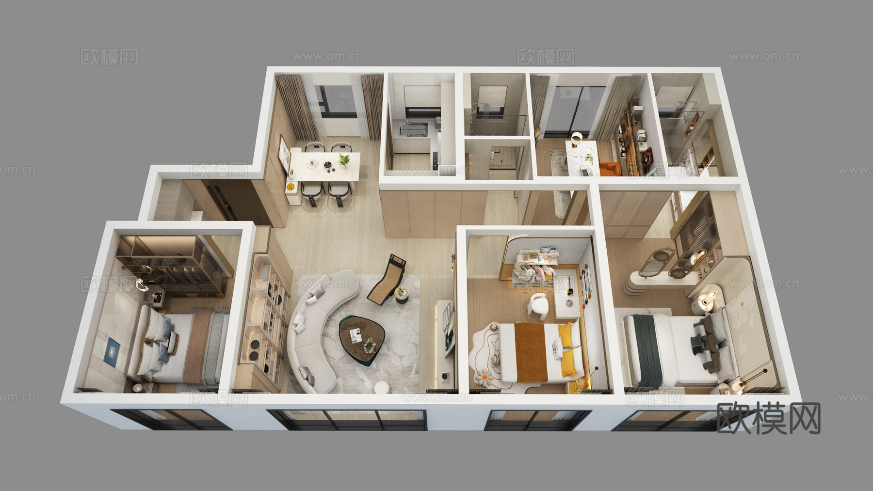 现代家装样板间鸟瞰图3d模型