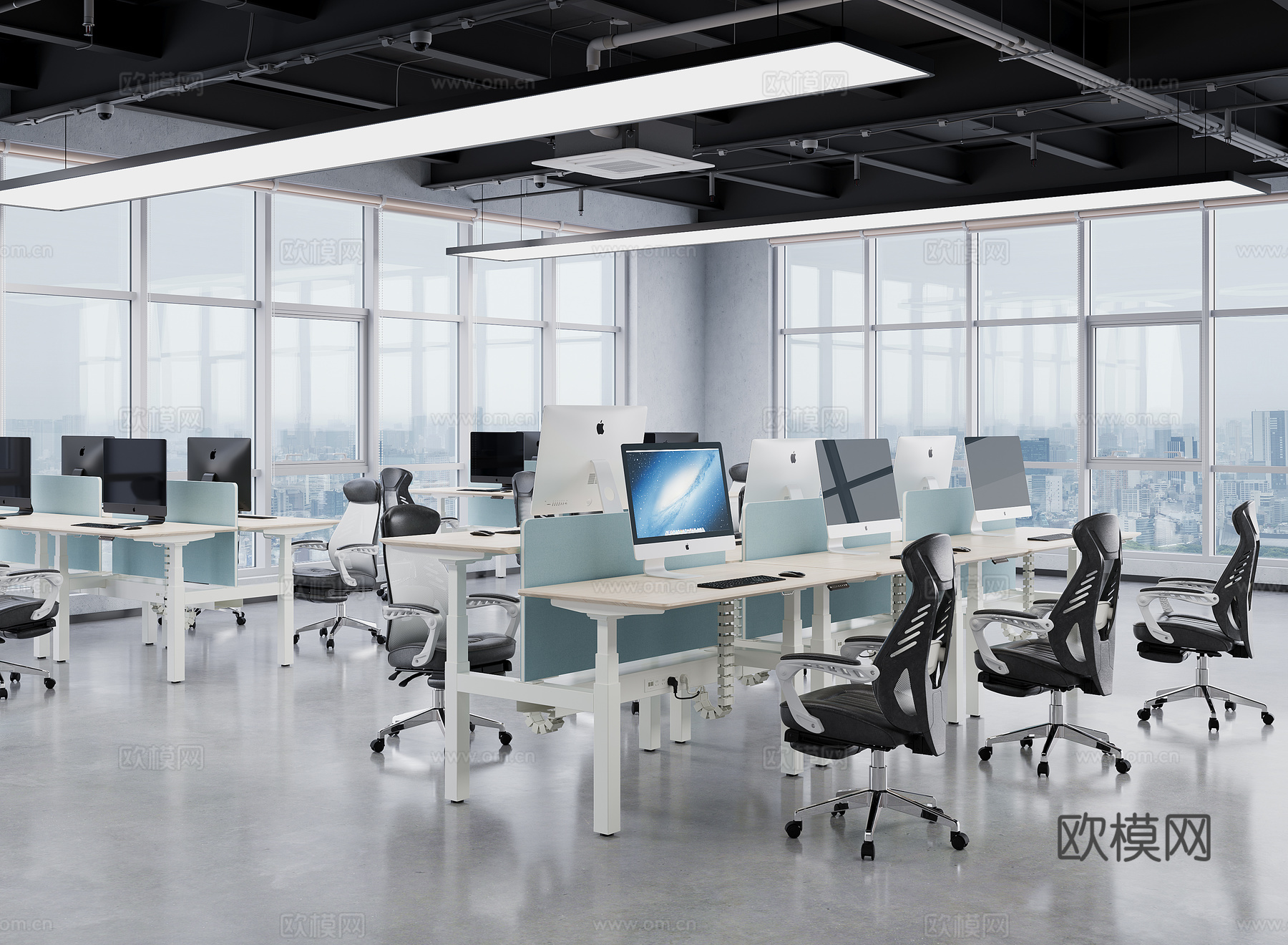 办公区域联排升降桌办公椅3d模型