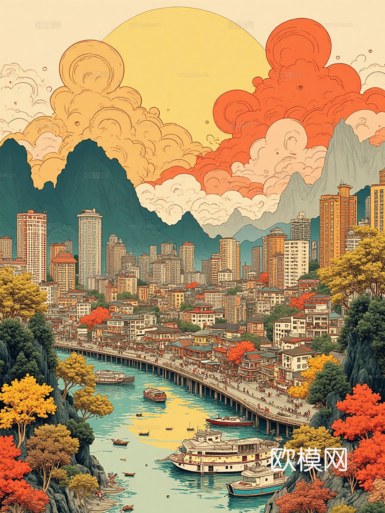 装饰画，城市风景，插画