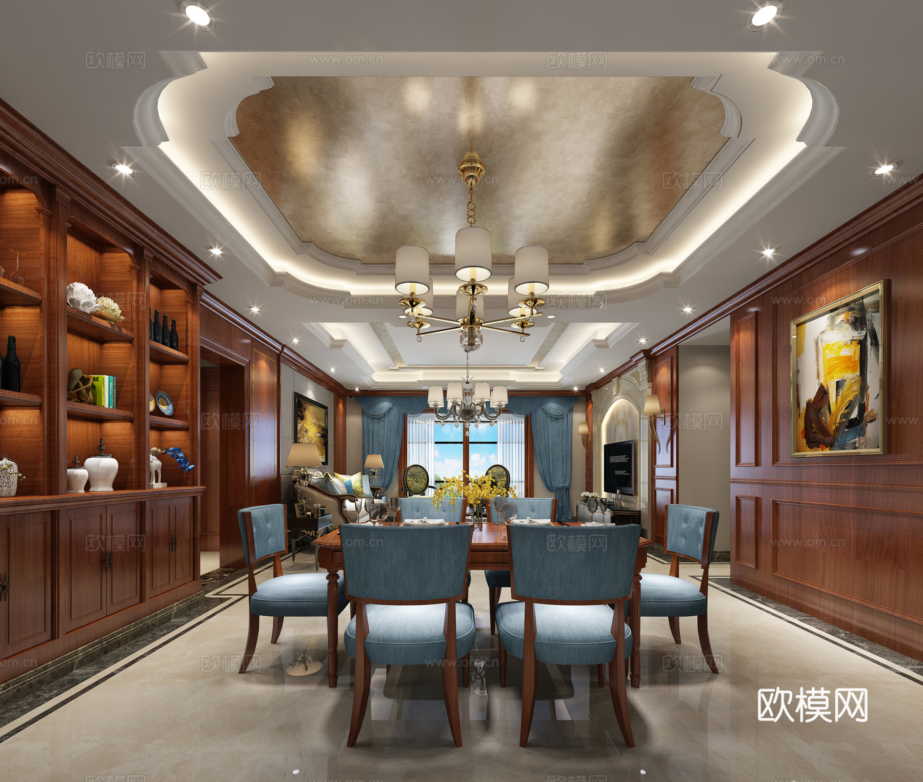 欧式古典客餐厅 沙发 茶几 吊灯 电视柜 边柜 餐桌椅3d模型