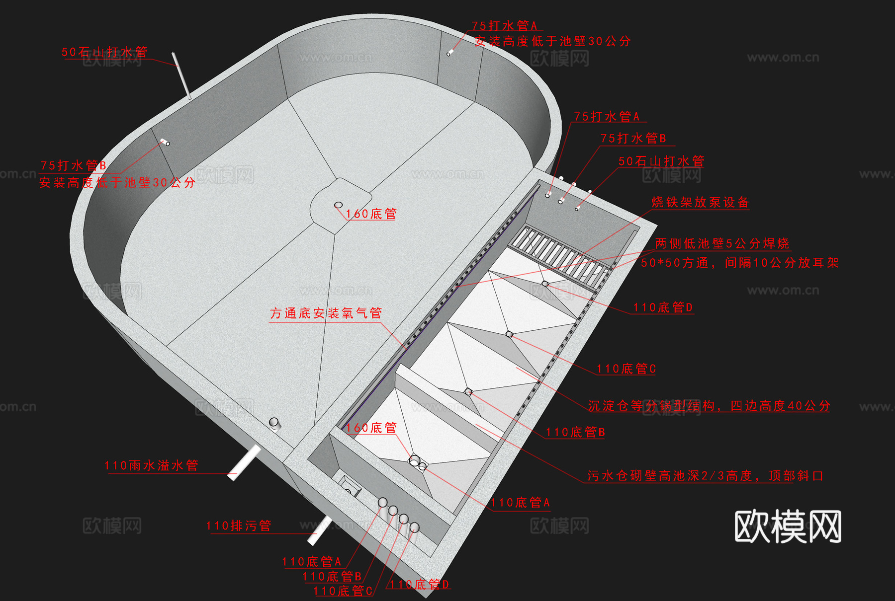 鱼池过滤池结构图su模型