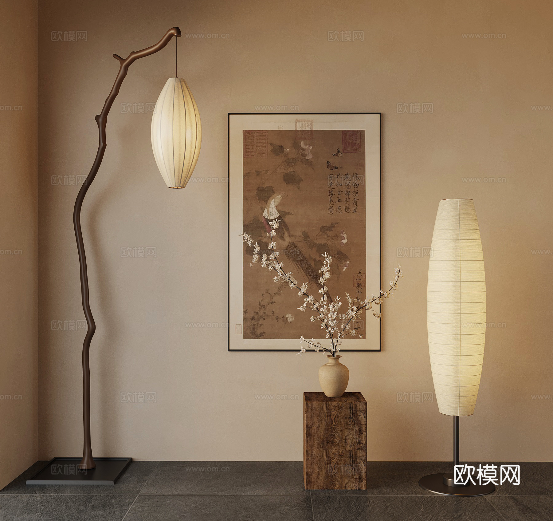 新中式 落地灯 装饰画 花瓶su模型