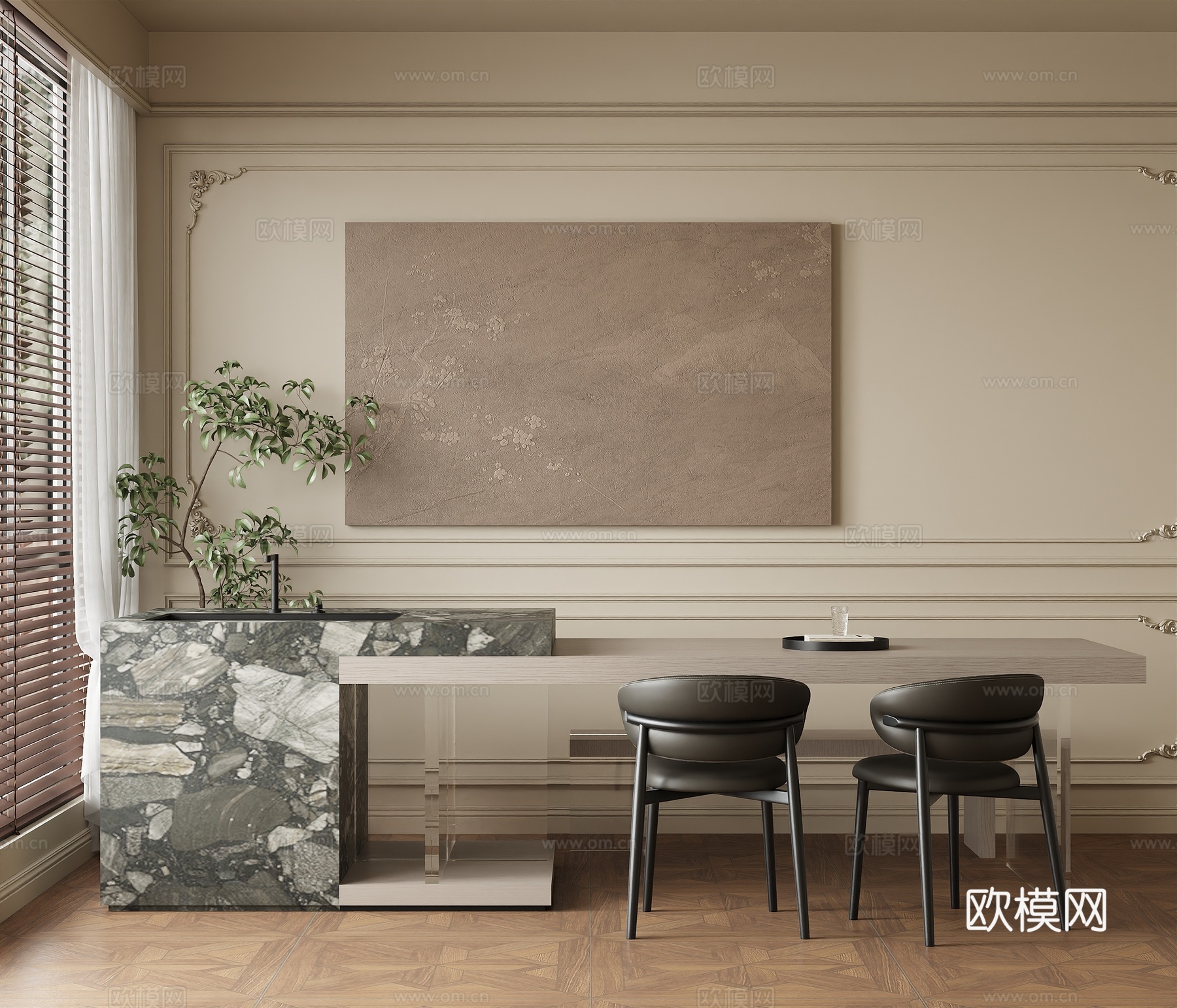 中古侘寂家居餐厅 餐吧台3d模型