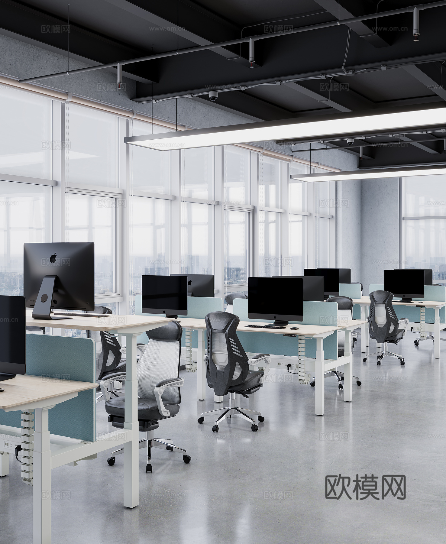 办公区域联排升降桌办公椅3d模型