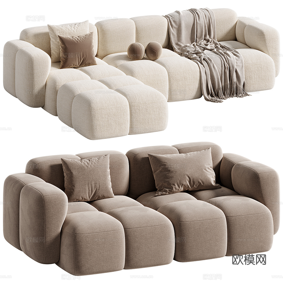 现代奶油风布艺组合沙发3d模型