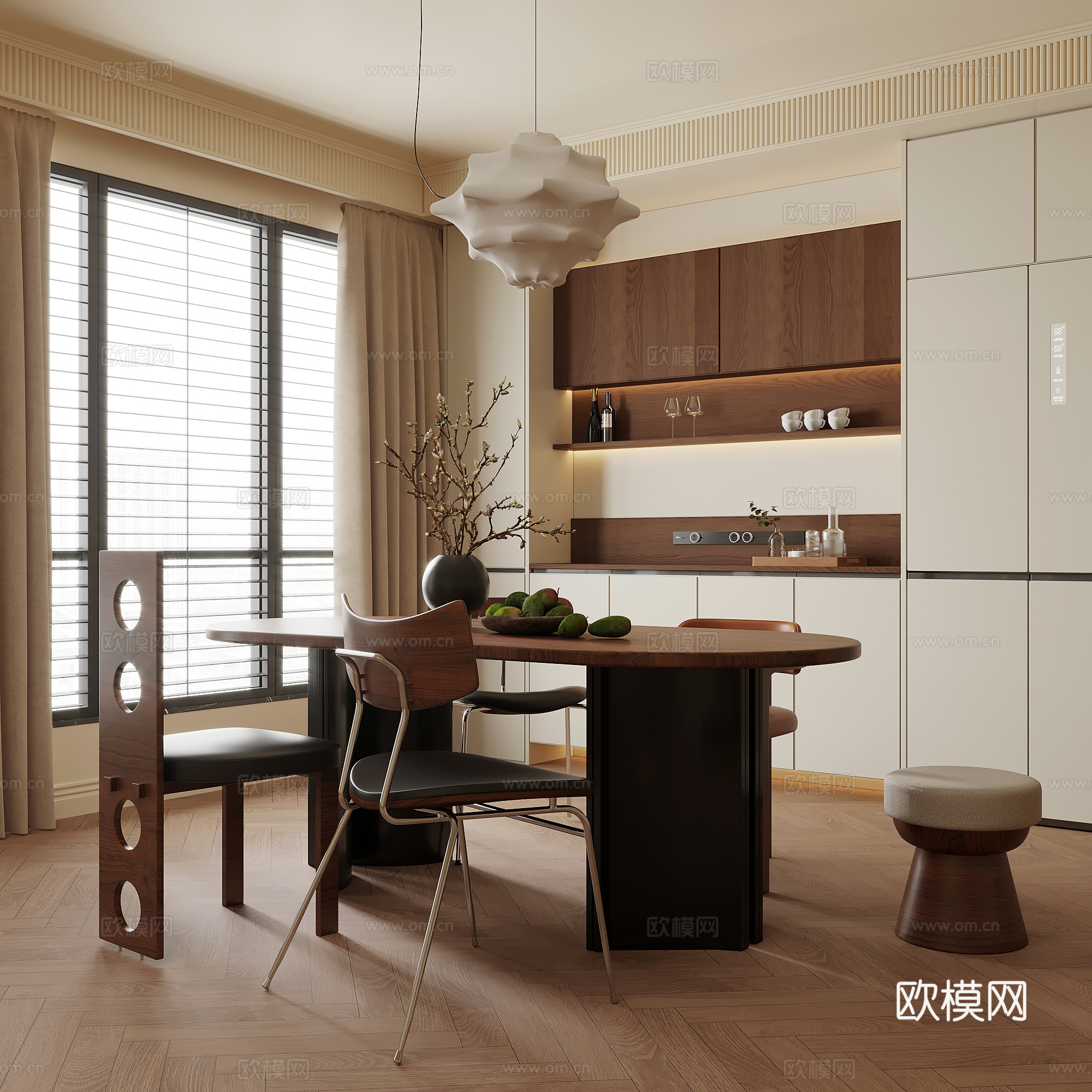 餐厅 中古风餐厅 酒柜 餐桌椅组合 吊灯3d模型