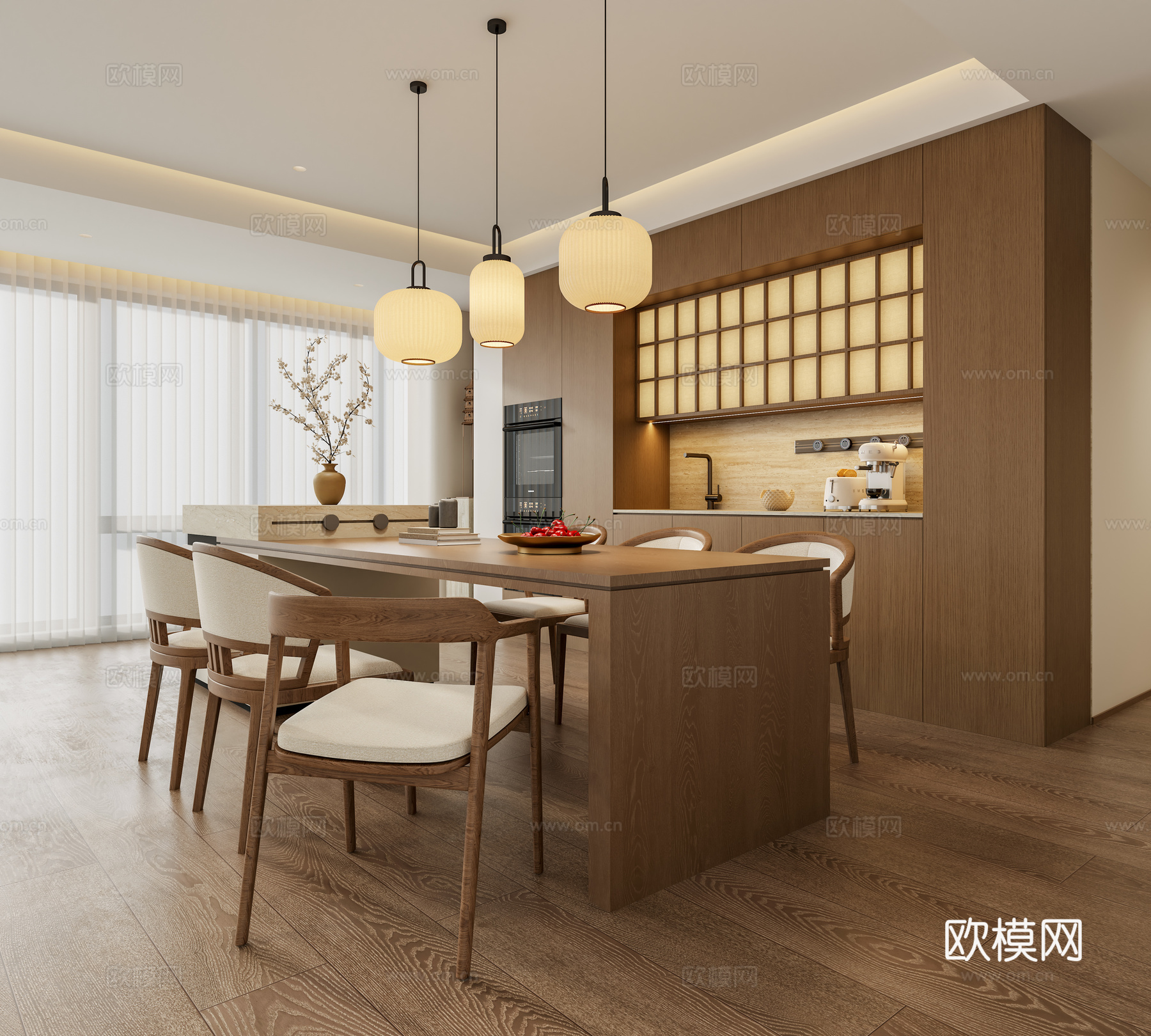 禅意新中式家居餐厅 岛台餐桌椅组合 宋代美学餐厅 宋式吊灯su模型