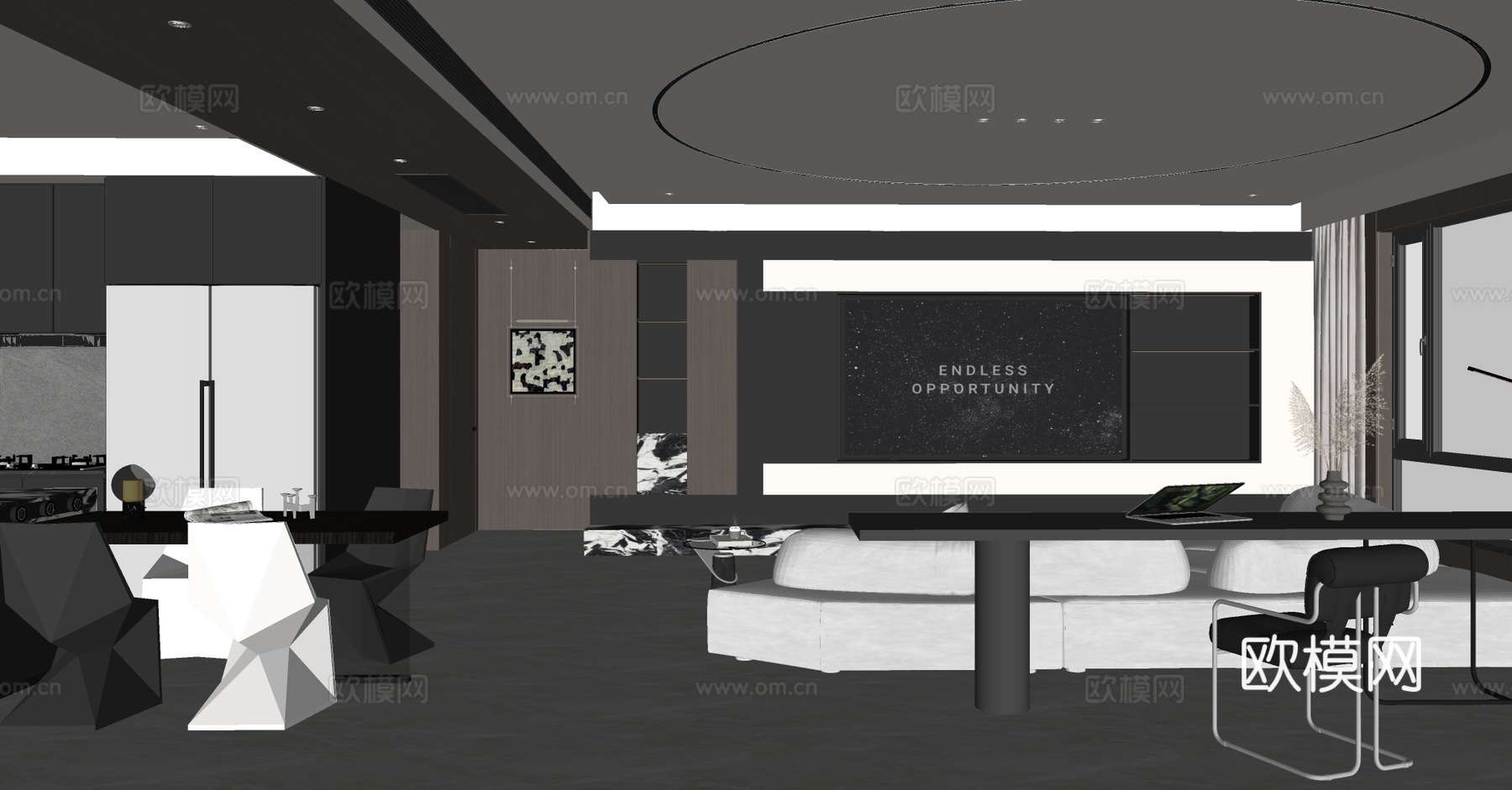 现代意式客餐厅 轻奢意式客餐厅 黑白灰客餐厅 高级灰客餐厅su模型