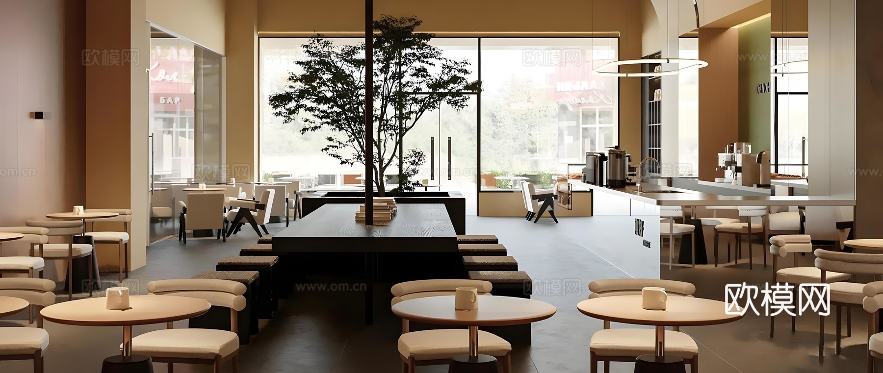 现代咖啡厅 原木咖啡厅 咖啡桌椅 咖啡店操作台 咖啡店卡座su模型