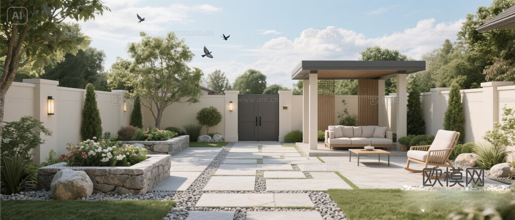 现代一楼庭院外景下载