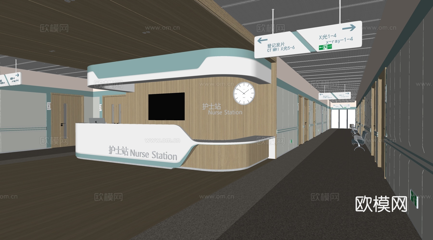 现代护士站 医院过道 医院走廊su模型