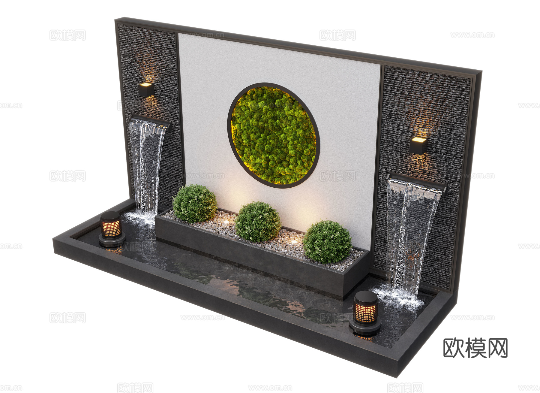 现代庭院水景 水景墙 叠水 景观植物 鱼池3d模型