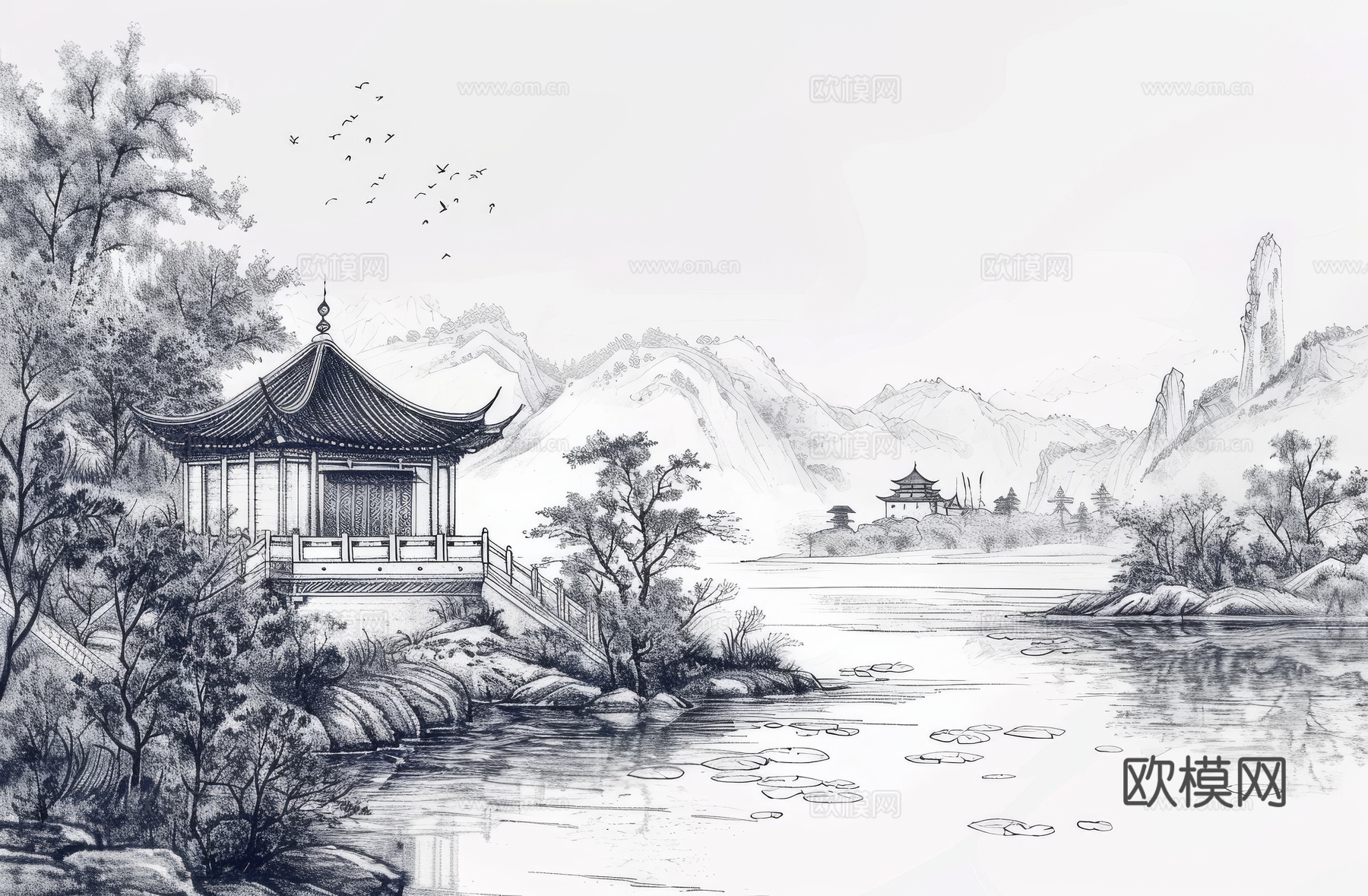 新中式亭台楼阁线条建筑壁画下载（渲染图6）