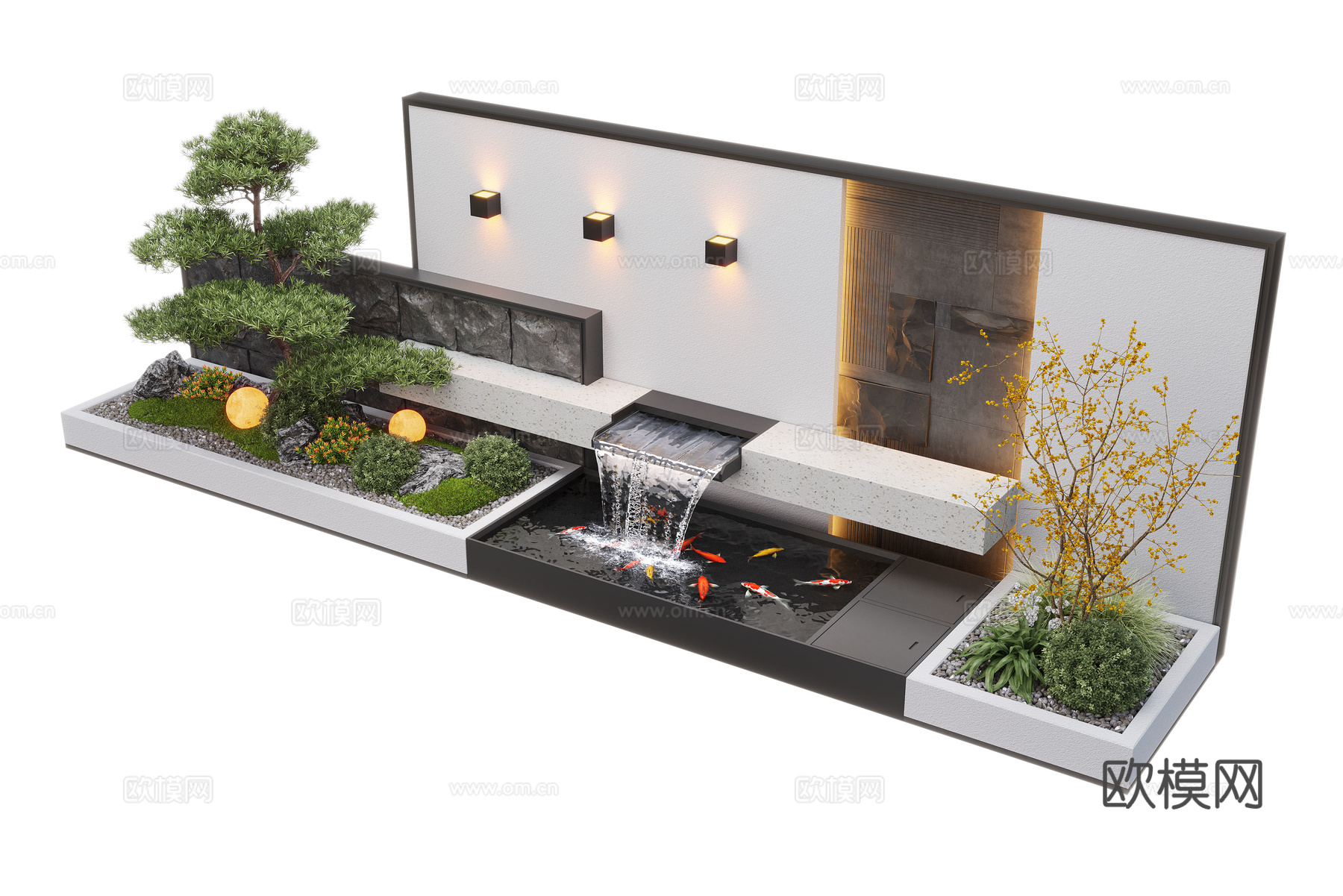 现代庭院水景 水景墙 叠水 景观植物 鱼池3d模型