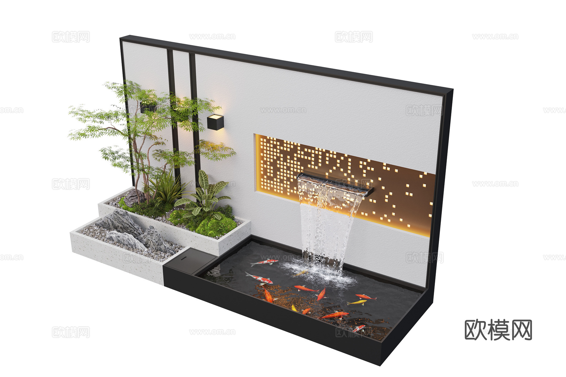 现代庭院水景 水景墙 叠水 景观植物 鱼池3d模型