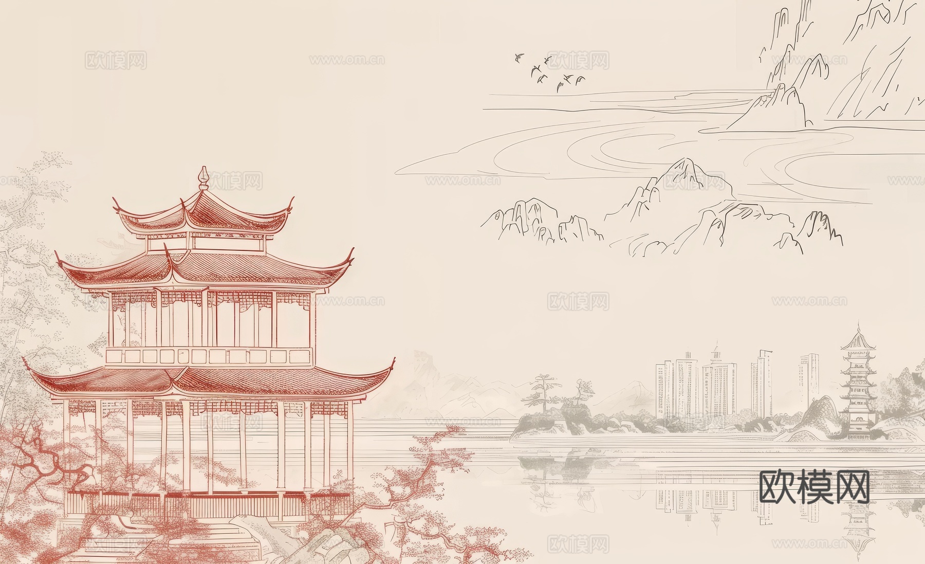 新中式亭台楼阁线条建筑壁画下载（渲染图6）