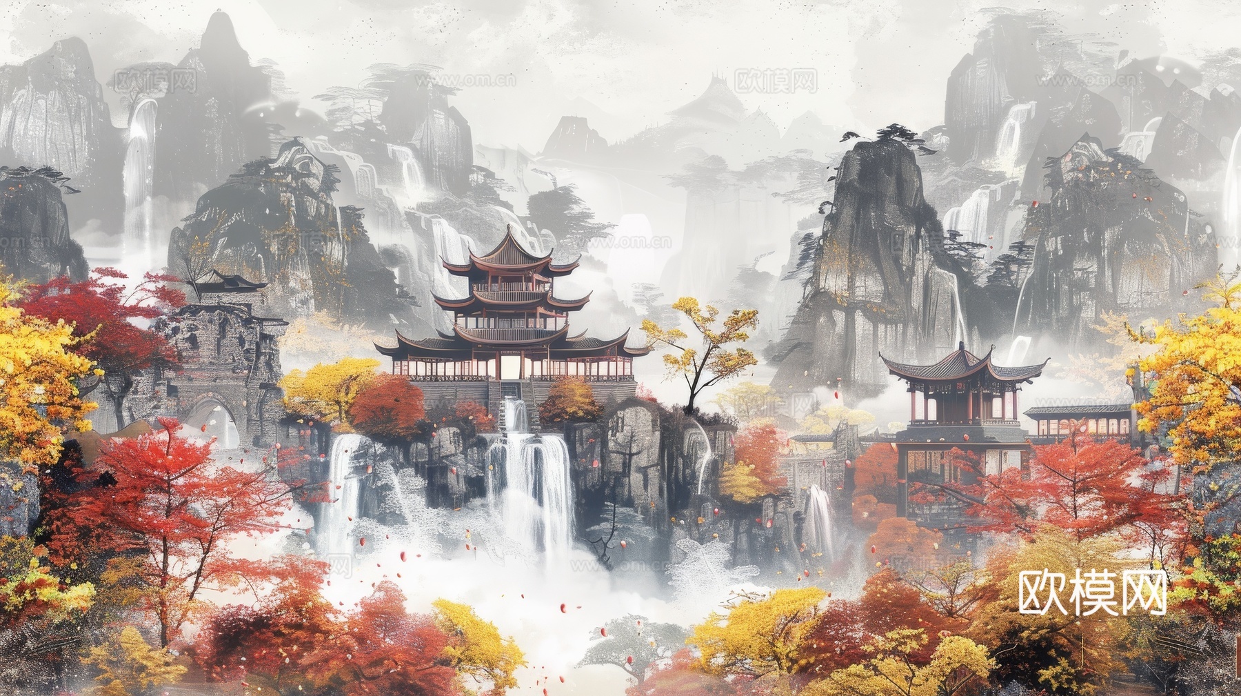 新中式亭台楼阁线条建筑壁画