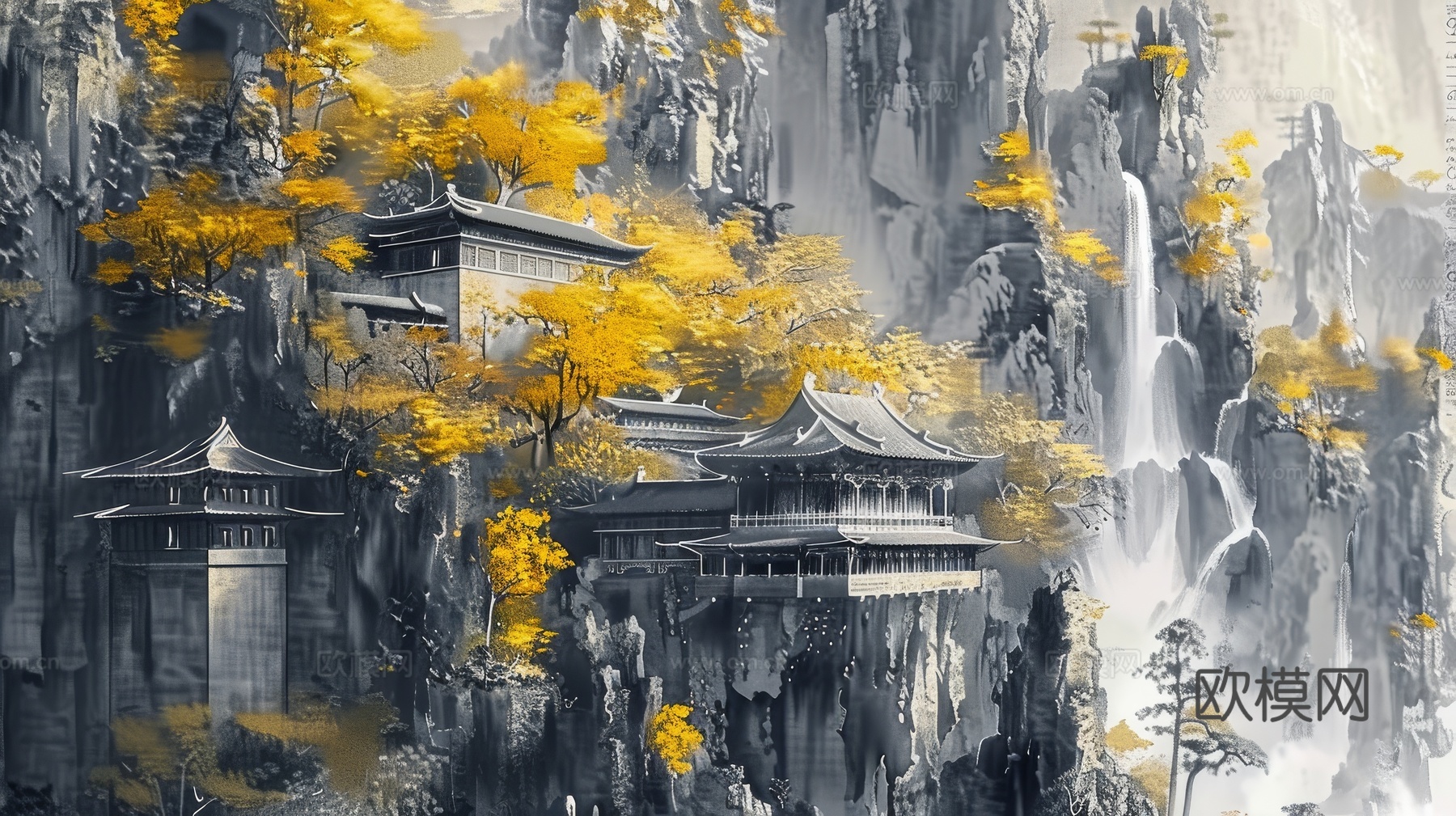 新中式亭台楼阁线条建筑壁画