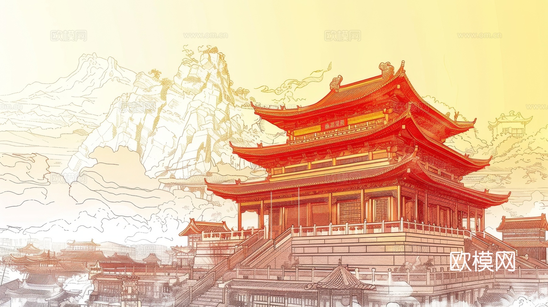 新中式亭台楼阁线条建筑壁画