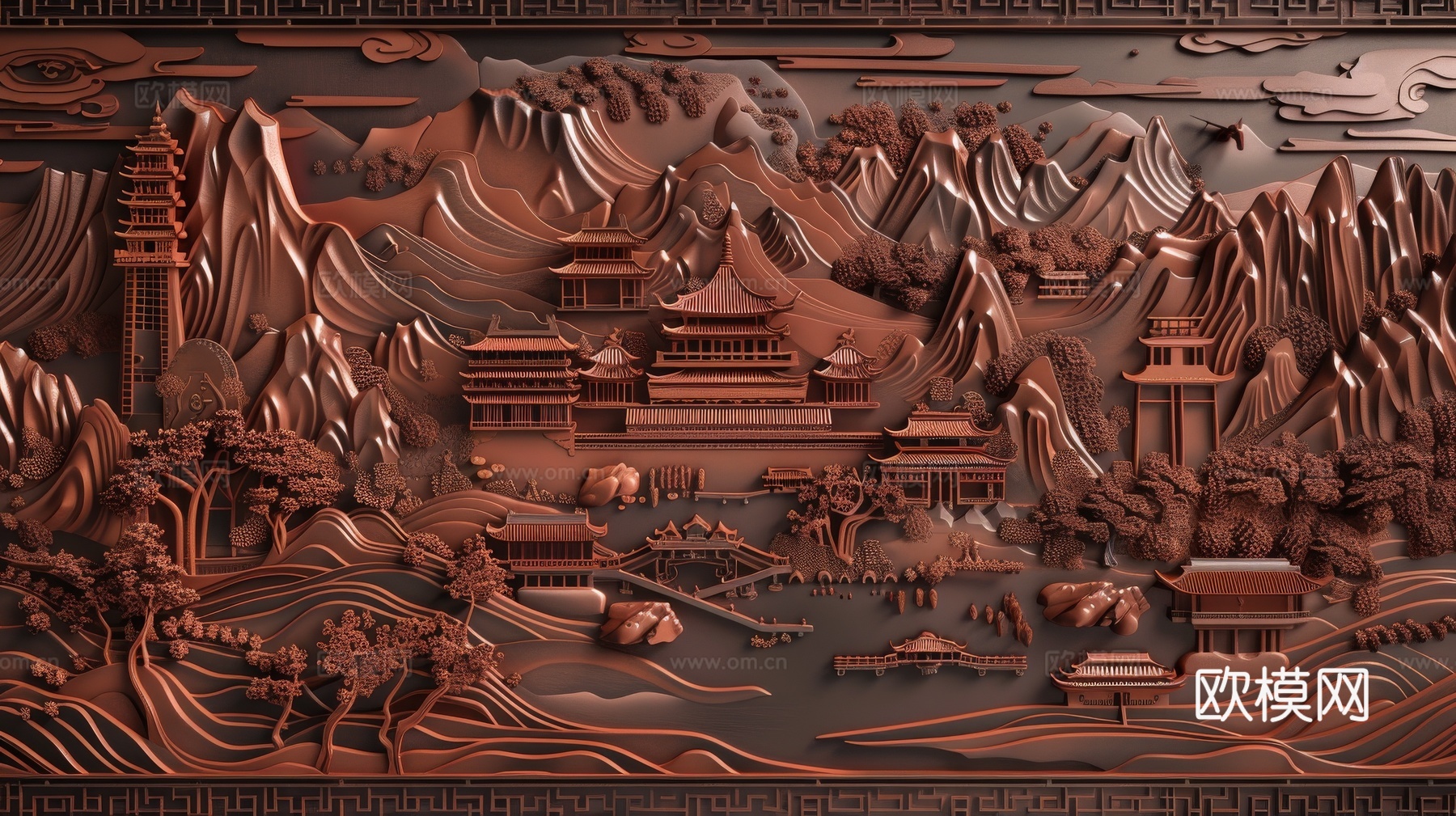 新中式亭台楼阁线条建筑壁画下载（渲染图8）