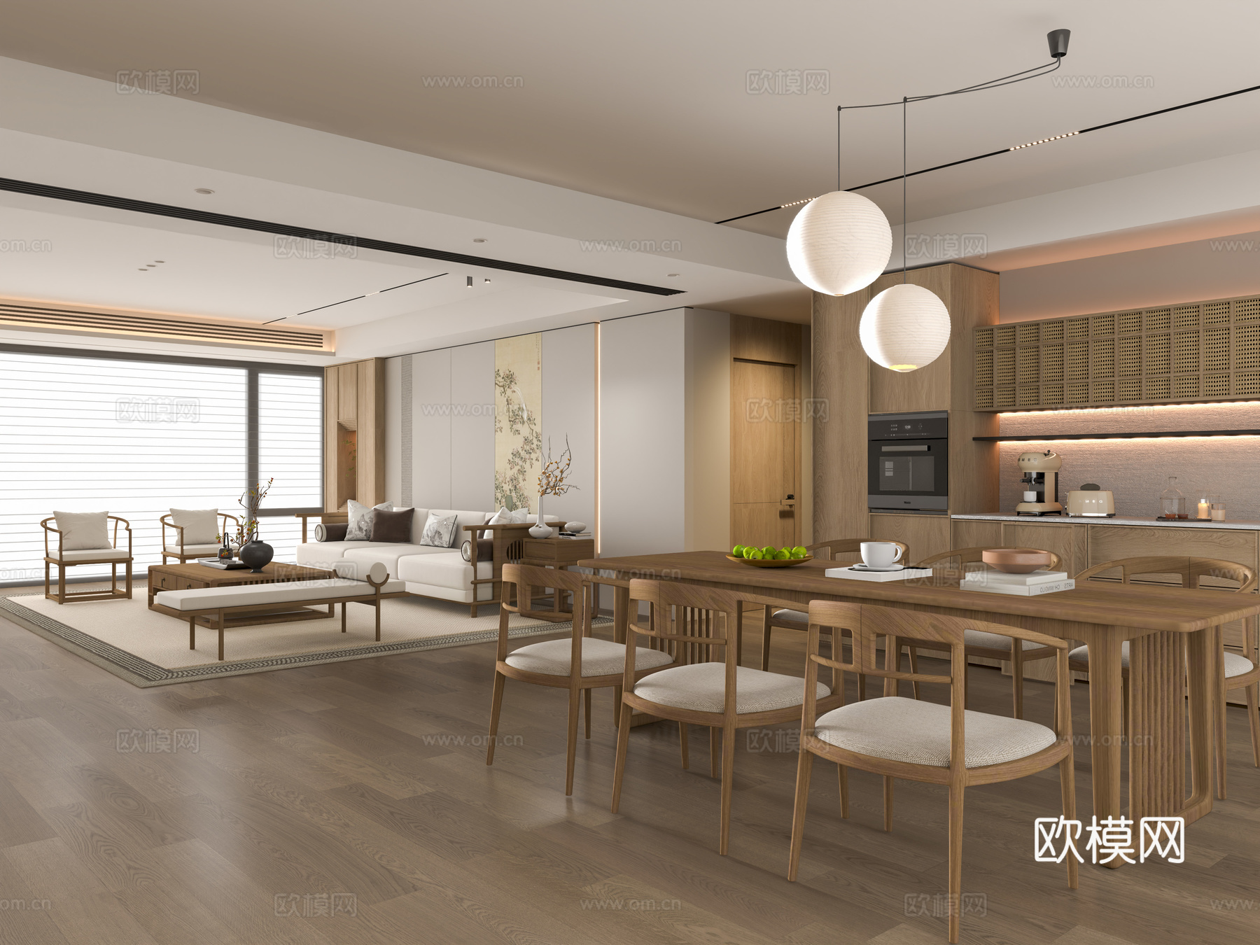 新中式中古客餐厅 宋式风客餐厅 新中式沙发茶几 新中式餐桌椅su模型