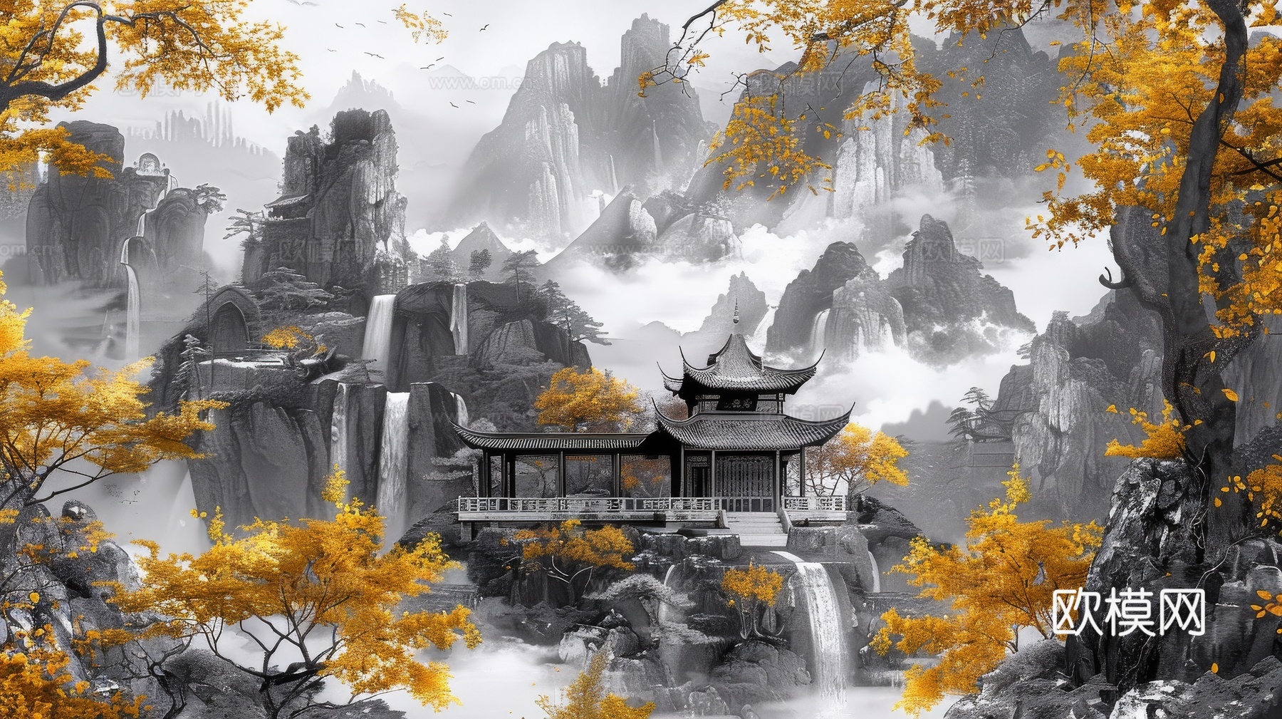 新中式亭台楼阁线条建筑壁画